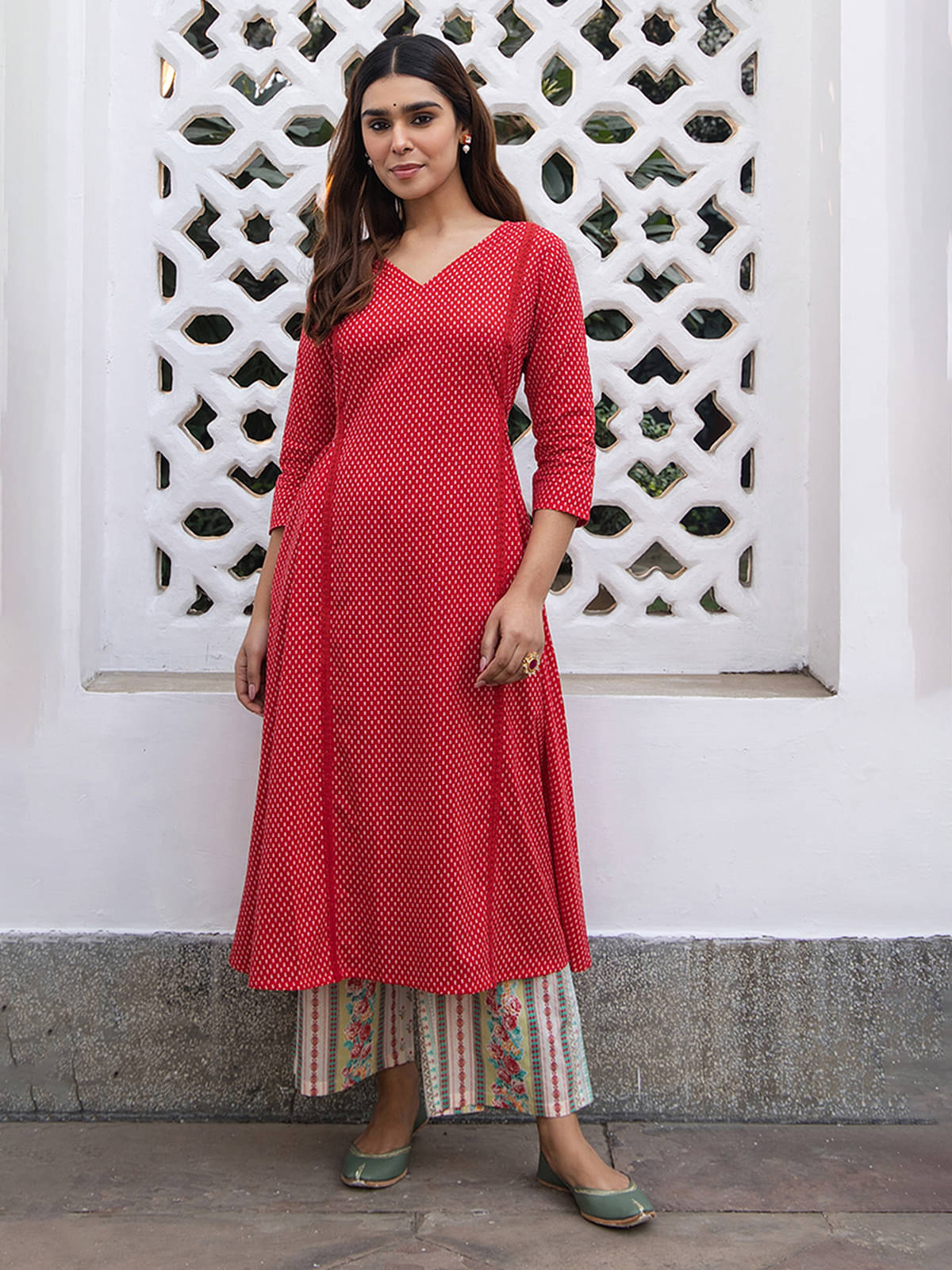     			Janasya Cotton Printed Kurti With Pants Women's Stitched Salwar Suit - Red ( Pack of 1 )