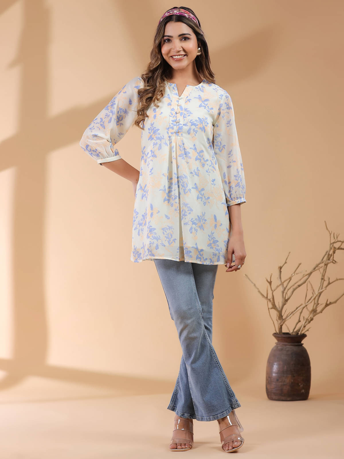 Janasya Women's Georgette Tunic ( Cream ) Janasya Women's Georgette Tunic ( Cream )