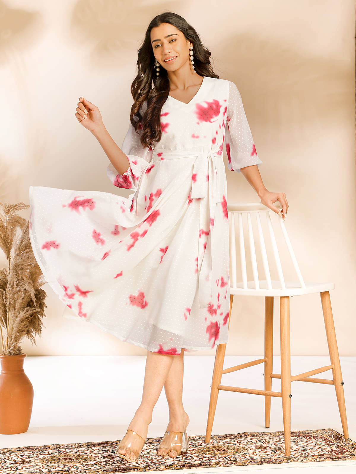 Janasya Women Georgette Dyed Fit & Flare Dress ( Off White ) Janasya Women Georgette Dyed Fit & Flare Dress ( Off White )