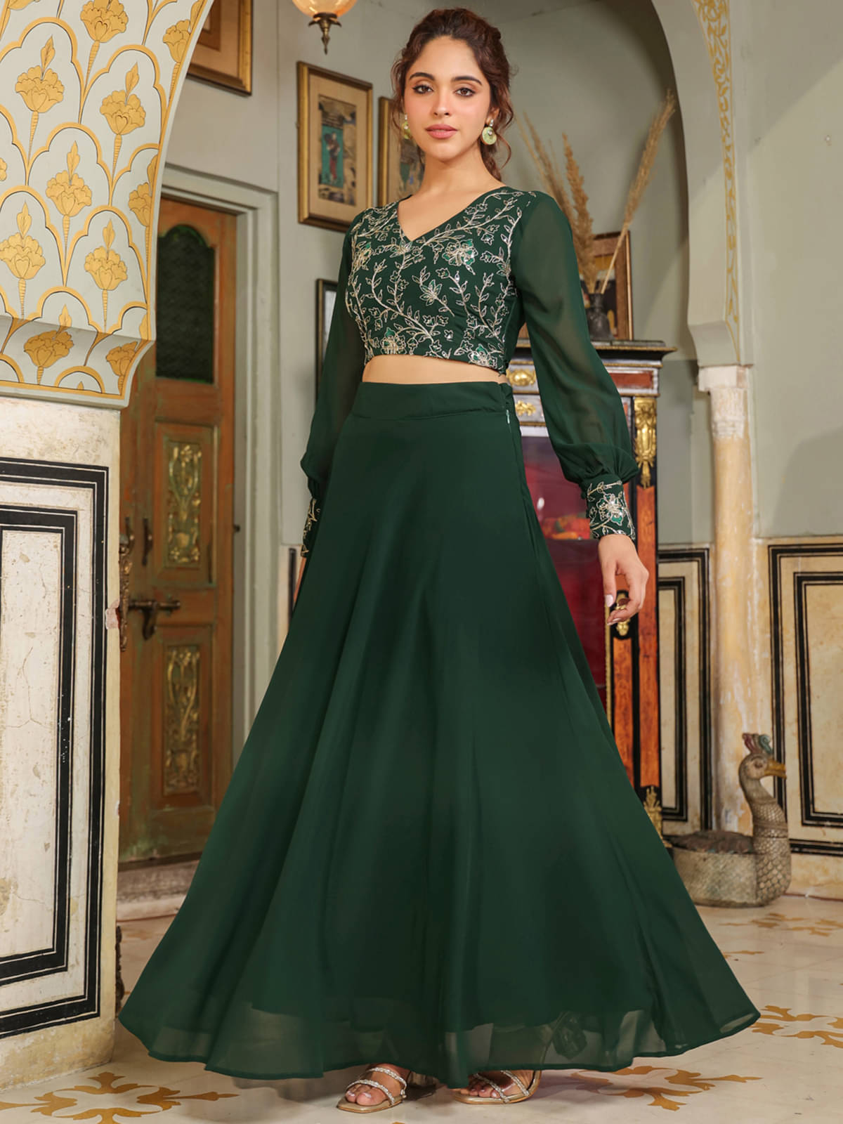 Janasya Georgette Embroidered Ethnic Top With Skirt Women's Stitched Salwar Suit - Green ( Pack of 1 ) Janasya Georgette Embroidered Ethnic Top With Skirt Women's Stitched Salwar Suit - Green ( Pack of 1 )