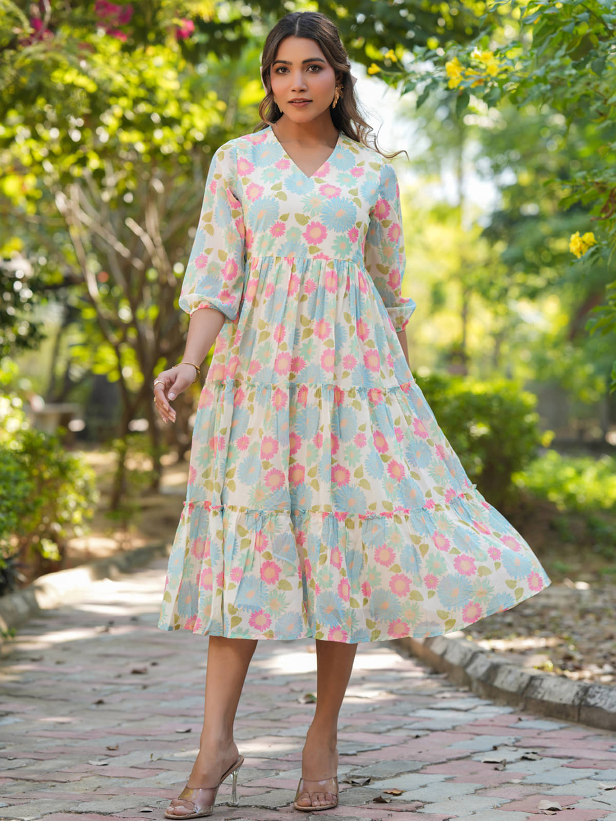     			Janasya Women Georgette Printed Fit & Flare Dress ( Cream )