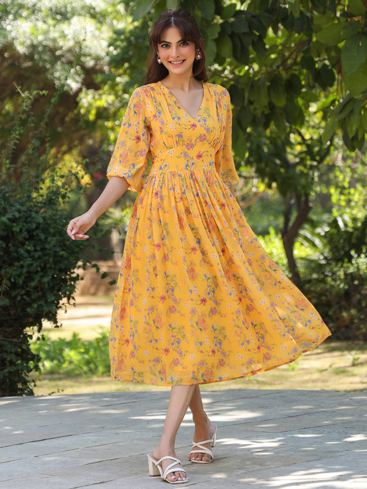 Janasya Women Georgette Printed Fit & Flare Dress ( Mustard ) Janasya Women Georgette Printed Fit & Flare Dress ( Mustard )