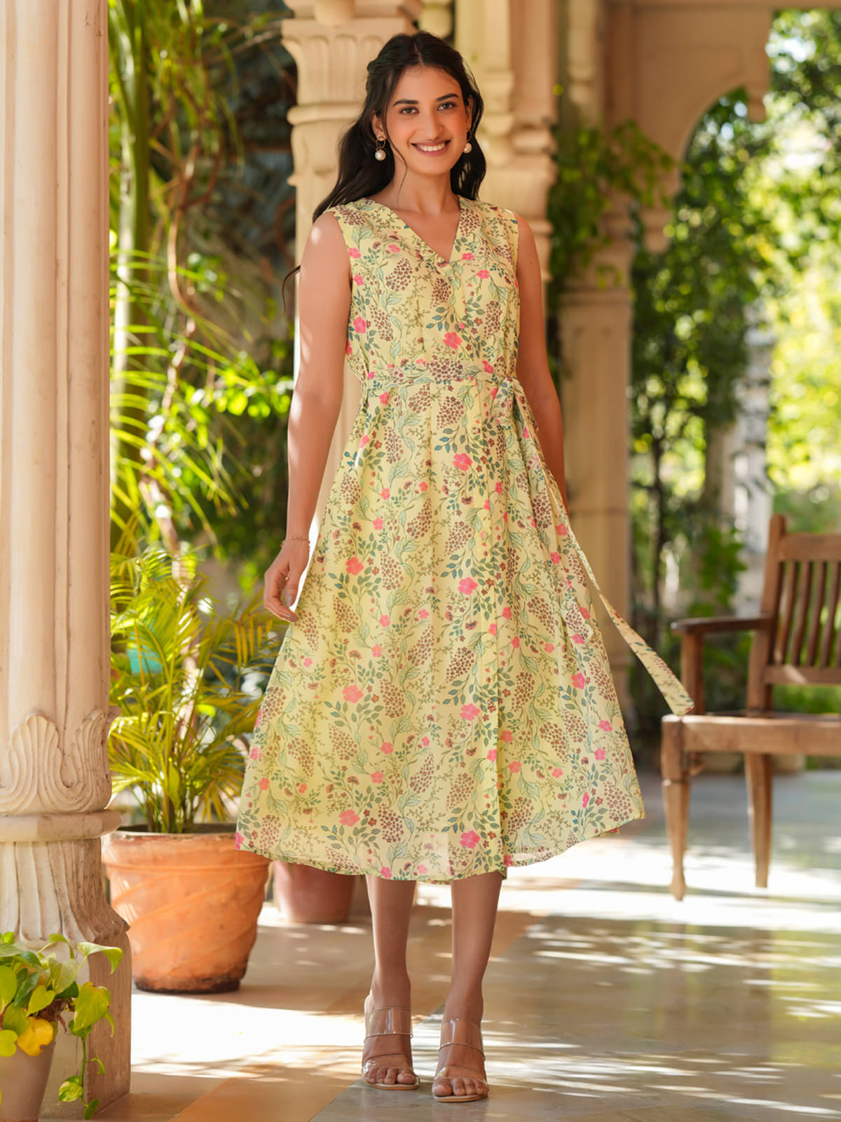 Janasya Women Georgette Printed A-line Dress ( Green )     			Janasya Women Georgette Printed A-line Dress ( Green )
