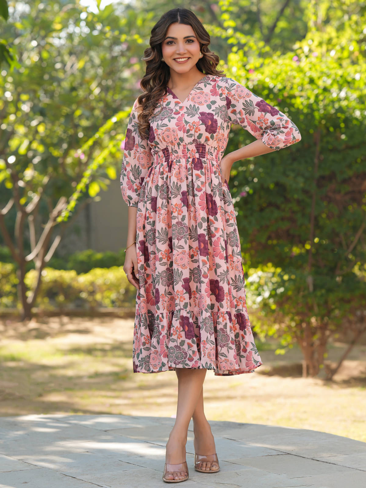 Janasya Women Georgette Printed Fit & Flare Dress ( Peach ) Janasya Women Georgette Printed Fit & Flare Dress ( Peach )