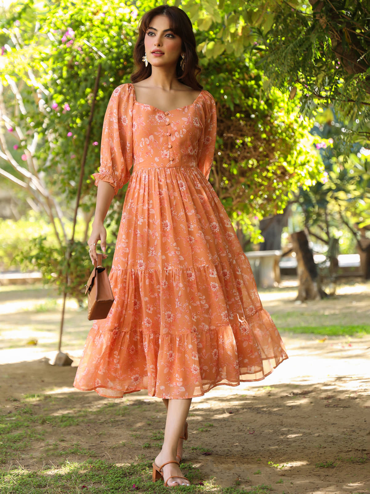 Janasya Women Georgette Printed Fit & Flare Dress ( Orange )