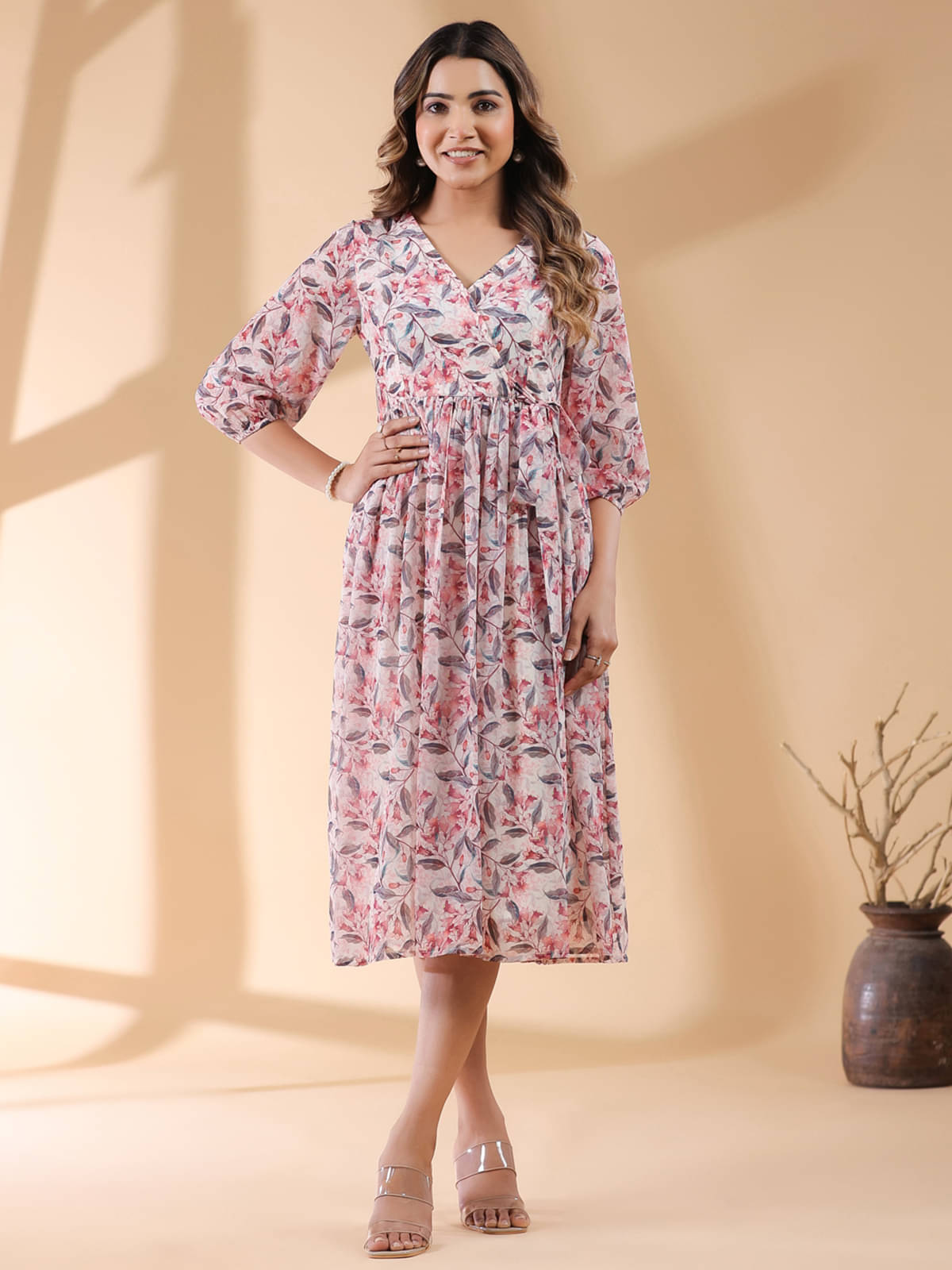 Janasya Women Georgette Printed Wrap Dress ( Cream ) Janasya Women Georgette Printed Wrap Dress ( Cream )
