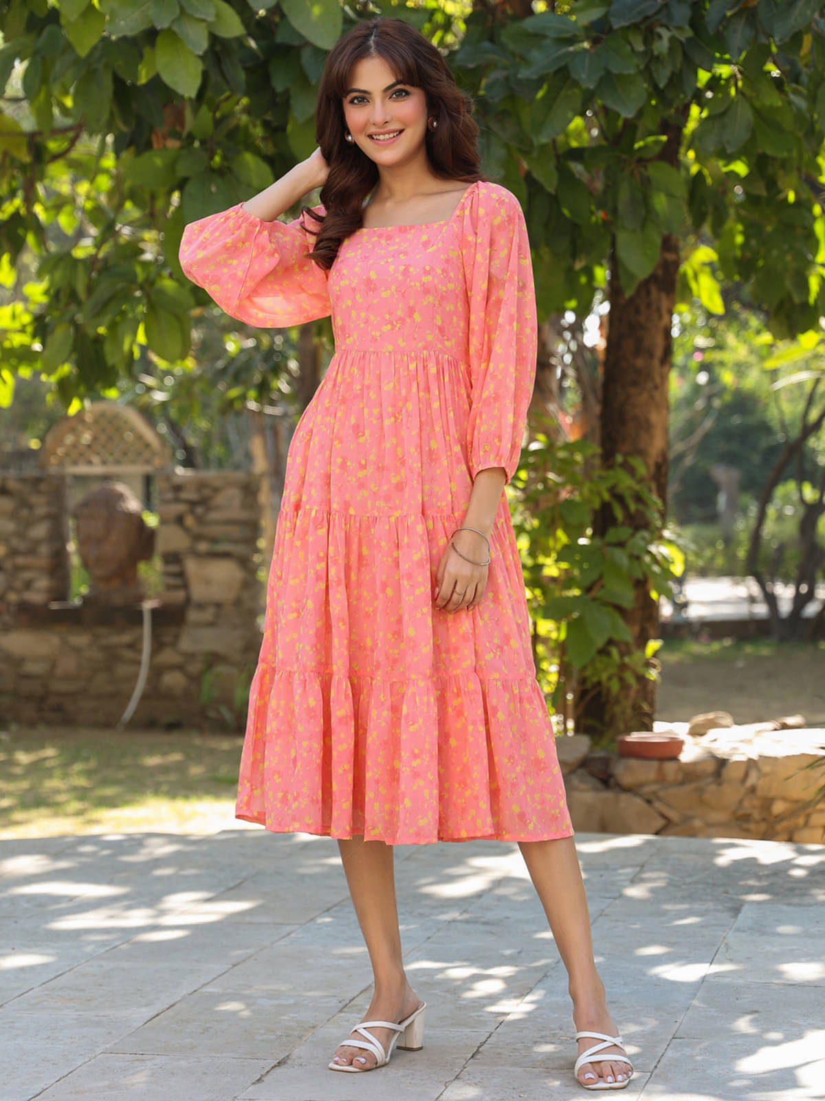 Janasya Women Georgette Printed Fit & Flare Dress ( Peach ) Janasya Women Georgette Printed Fit & Flare Dress ( Peach )