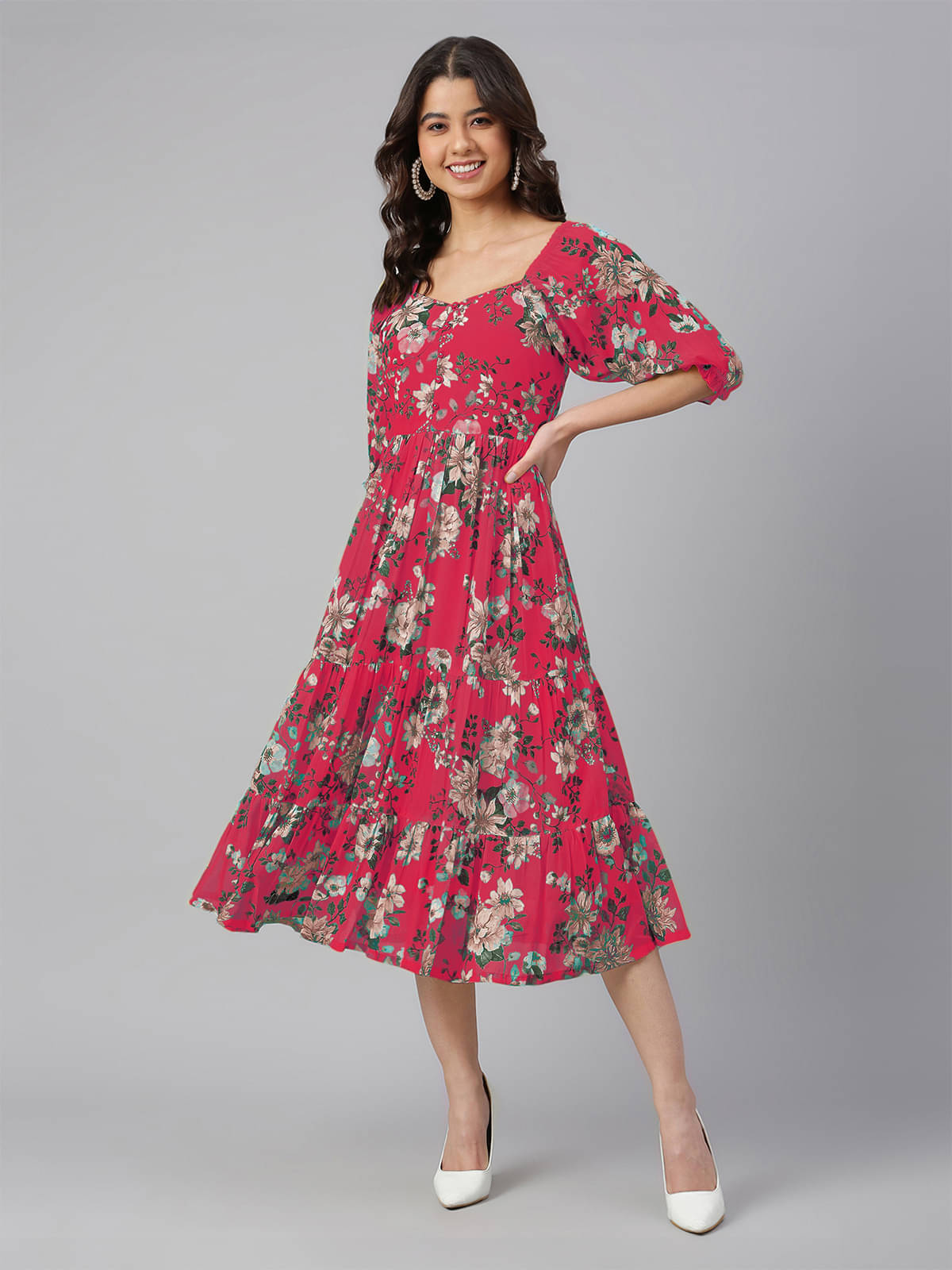 Janasya Women Georgette Printed Fit & Flare Dress ( Pink ) Janasya Women Georgette Printed Fit & Flare Dress ( Pink )