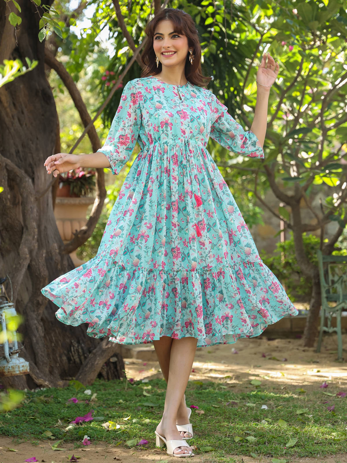 Janasya Women Georgette Printed Fit & Flare Dress ( Turquoise ) Janasya Women Georgette Printed Fit & Flare Dress ( Turquoise )