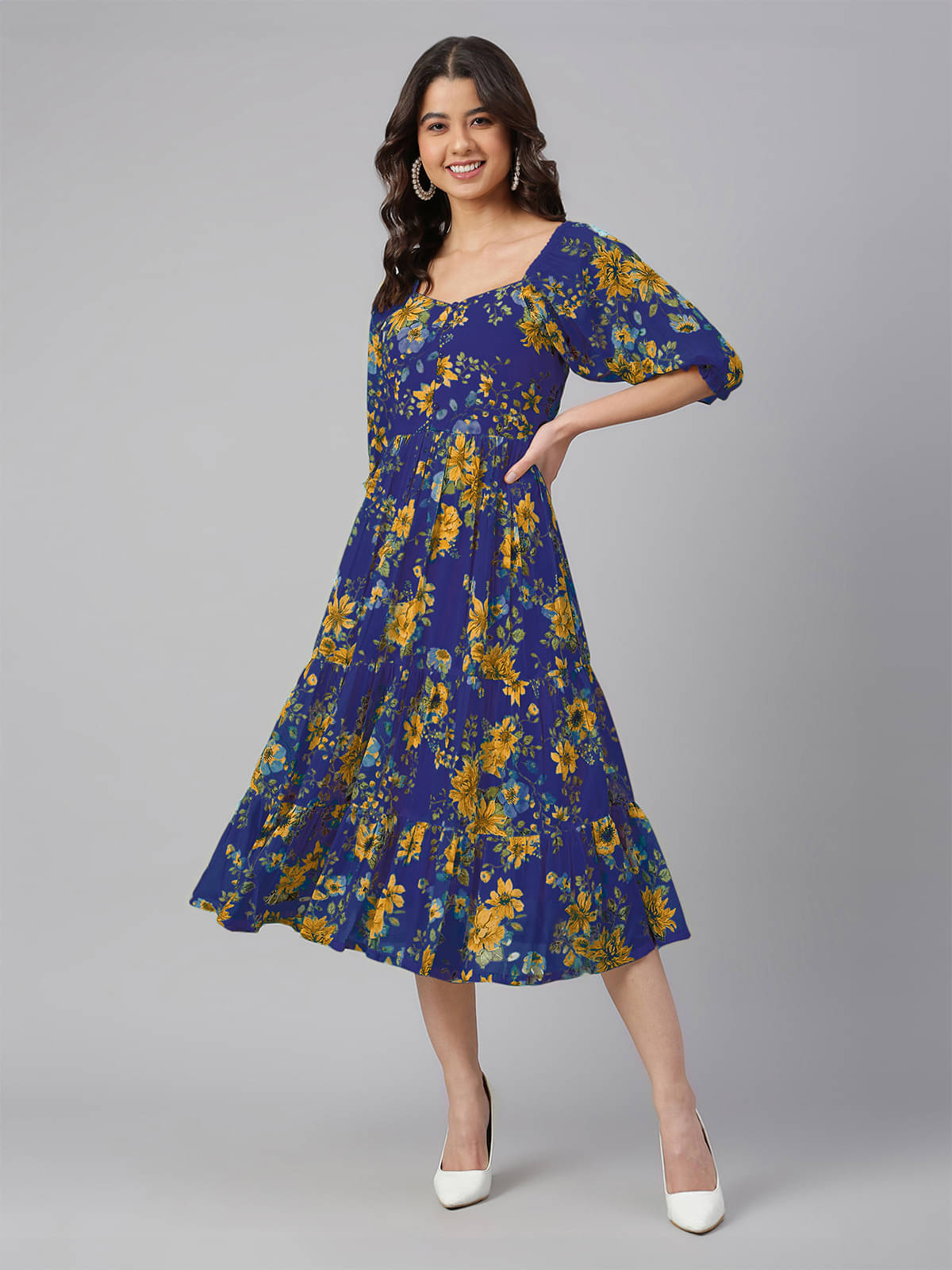     			Janasya Women Georgette Printed Fit & Flare Dress ( Blue )