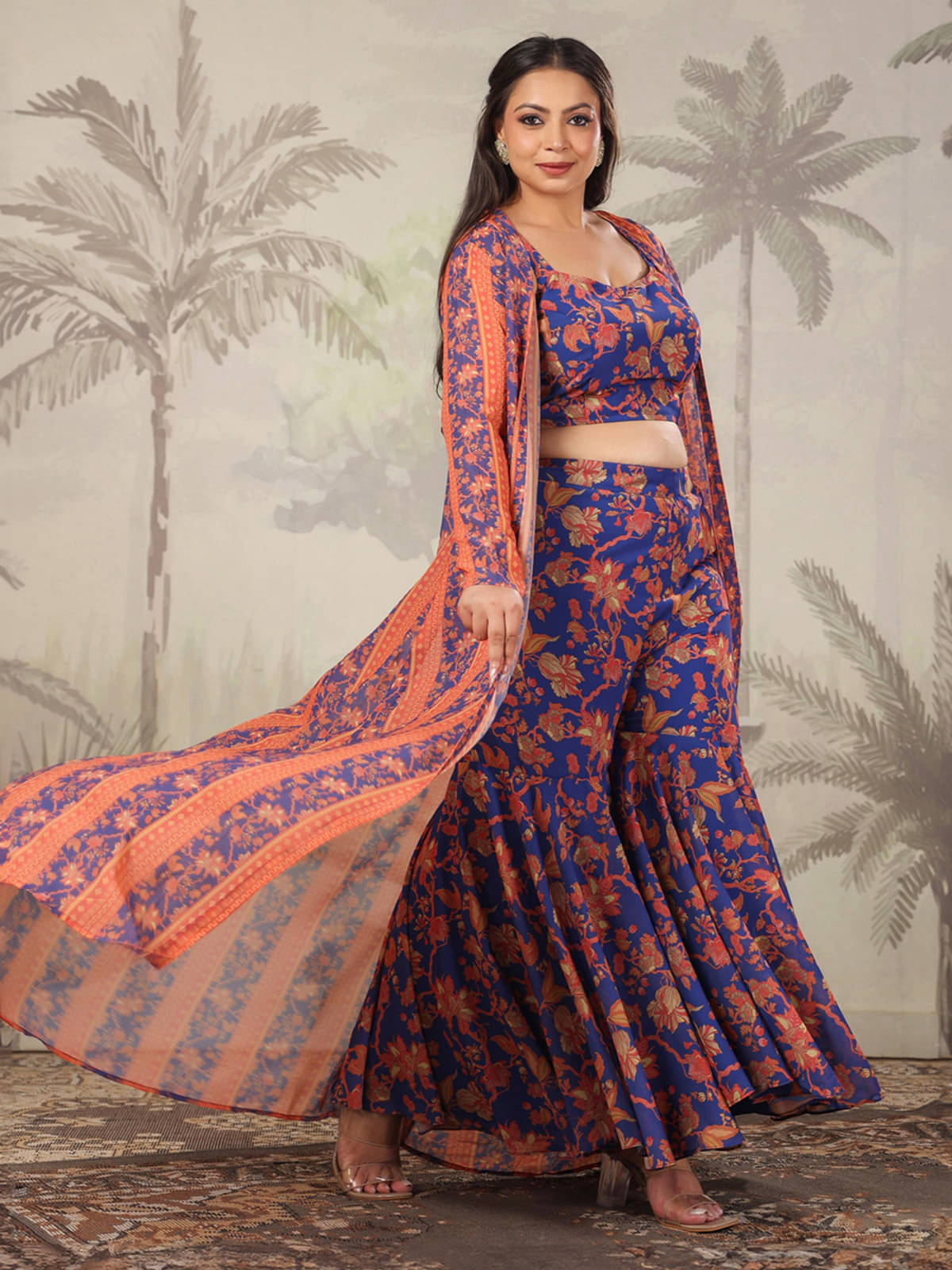    			Janasya Georgette Printed Kurti With Sharara And Gharara Women's Stitched Salwar Suit - Navy Blue ( Pack of 1 )