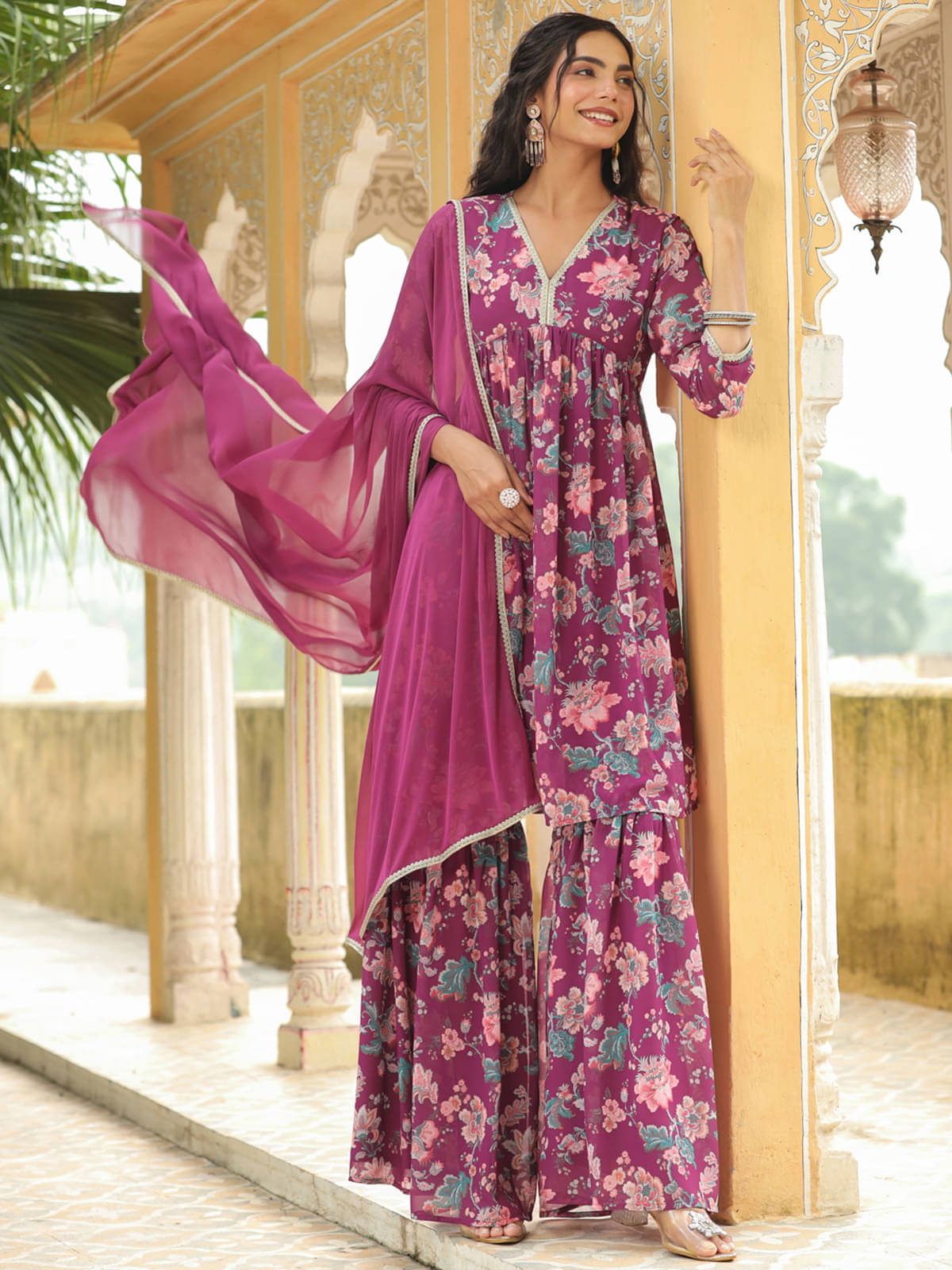     			Janasya Georgette Printed Kurti With Sharara And Gharara Women's Stitched Salwar Suit - Purple ( Pack of 1 )
