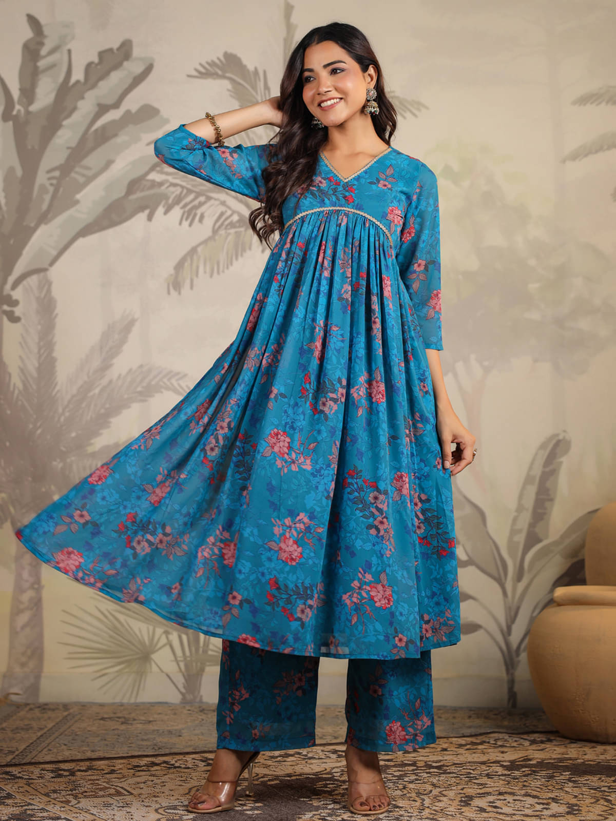    			Janasya Georgette Printed Kurti With Pants Women's Stitched Salwar Suit - Blue ( Pack of 1 )