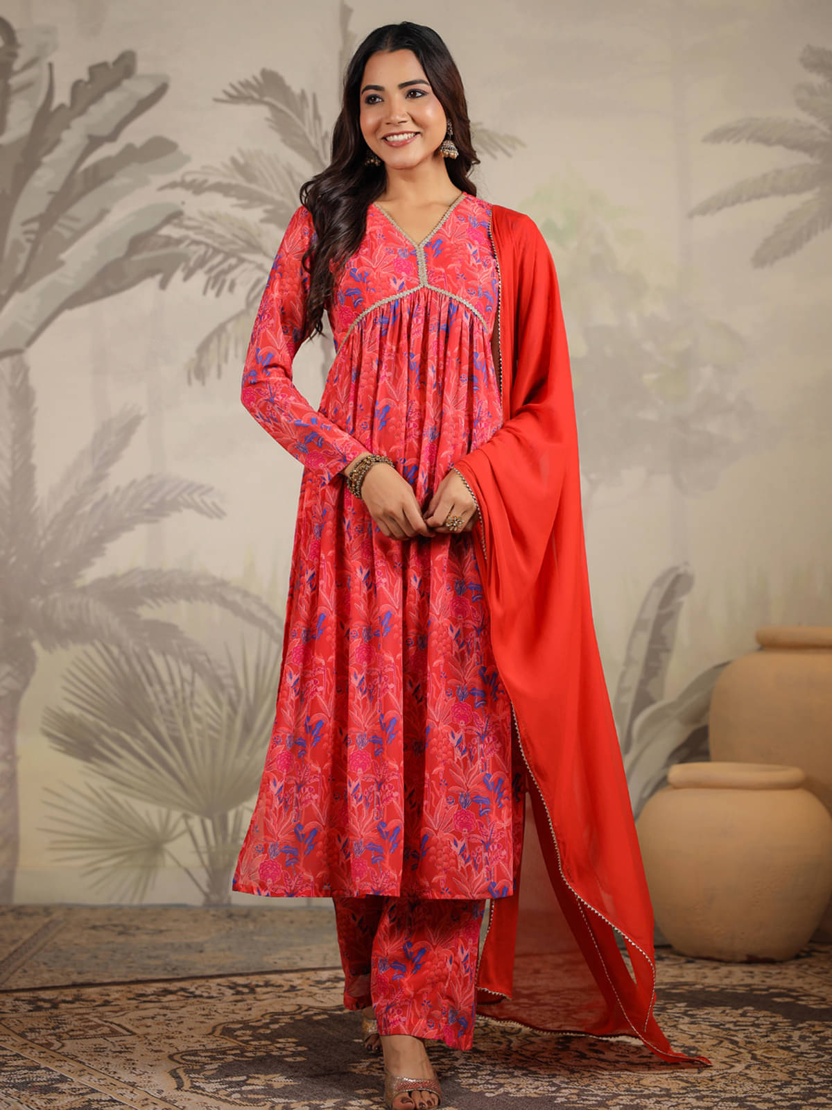 Janasya Georgette Printed Kurti With Palazzo Women's Stitched Salwar Suit - Red ( Pack of 1 ) Janasya Georgette Printed Kurti With Palazzo Women's Stitched Salwar Suit - Red ( Pack of 1 )