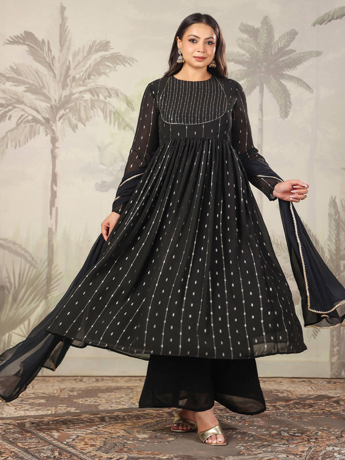 Janasya Georgette Printed Kurti With Palazzo Women's Stitched Salwar Suit - Black ( Pack of 1 )     			Janasya Georgette Printed Kurti With Palazzo Women's Stitched Salwar Suit - Black ( Pack of 1 )