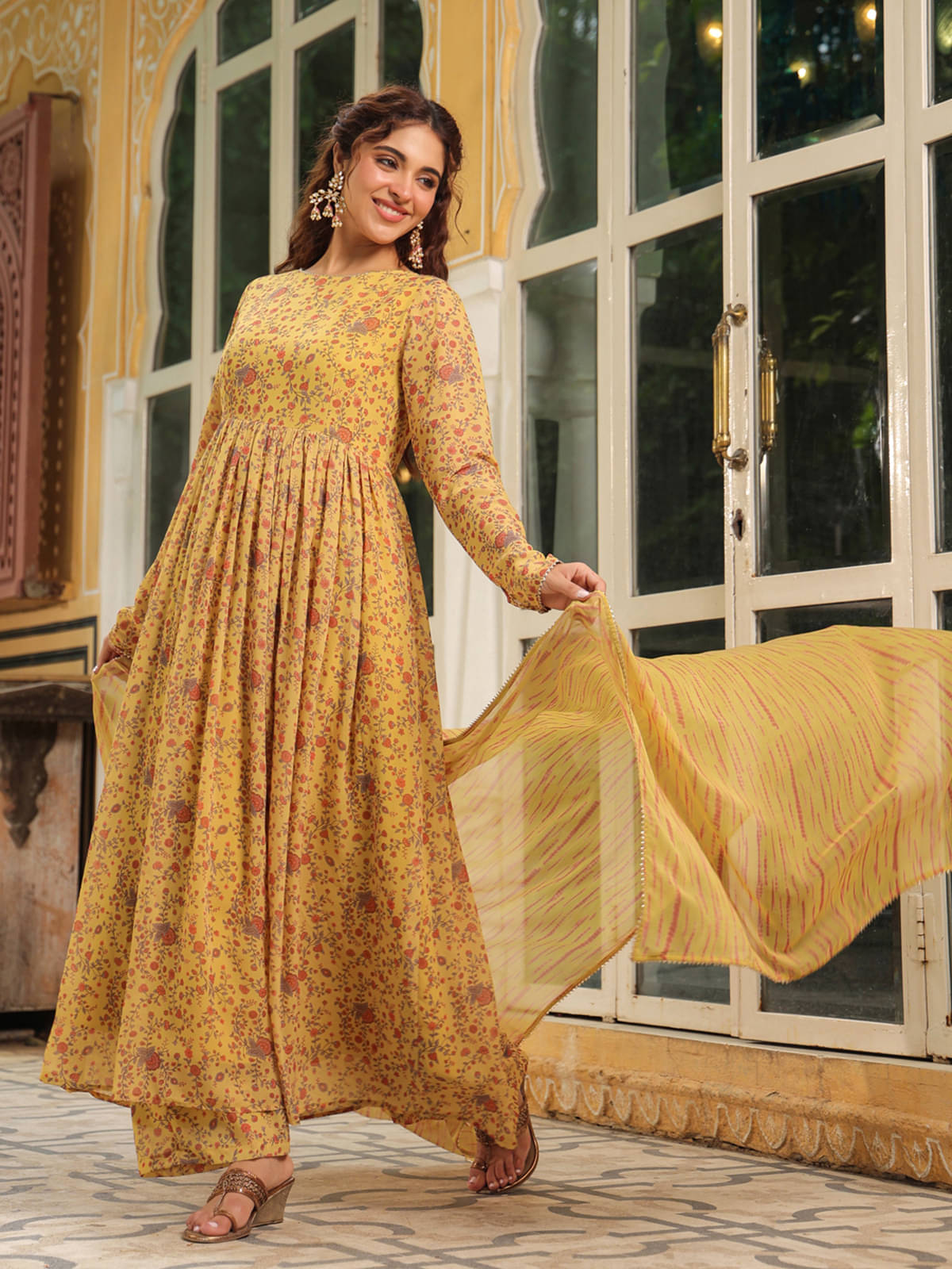Janasya Georgette Printed Kurti With Palazzo Women's Stitched Salwar Suit - Mustard ( Pack of 1 ) Janasya Georgette Printed Kurti With Palazzo Women's Stitched Salwar Suit - Mustard ( Pack of 1 )
