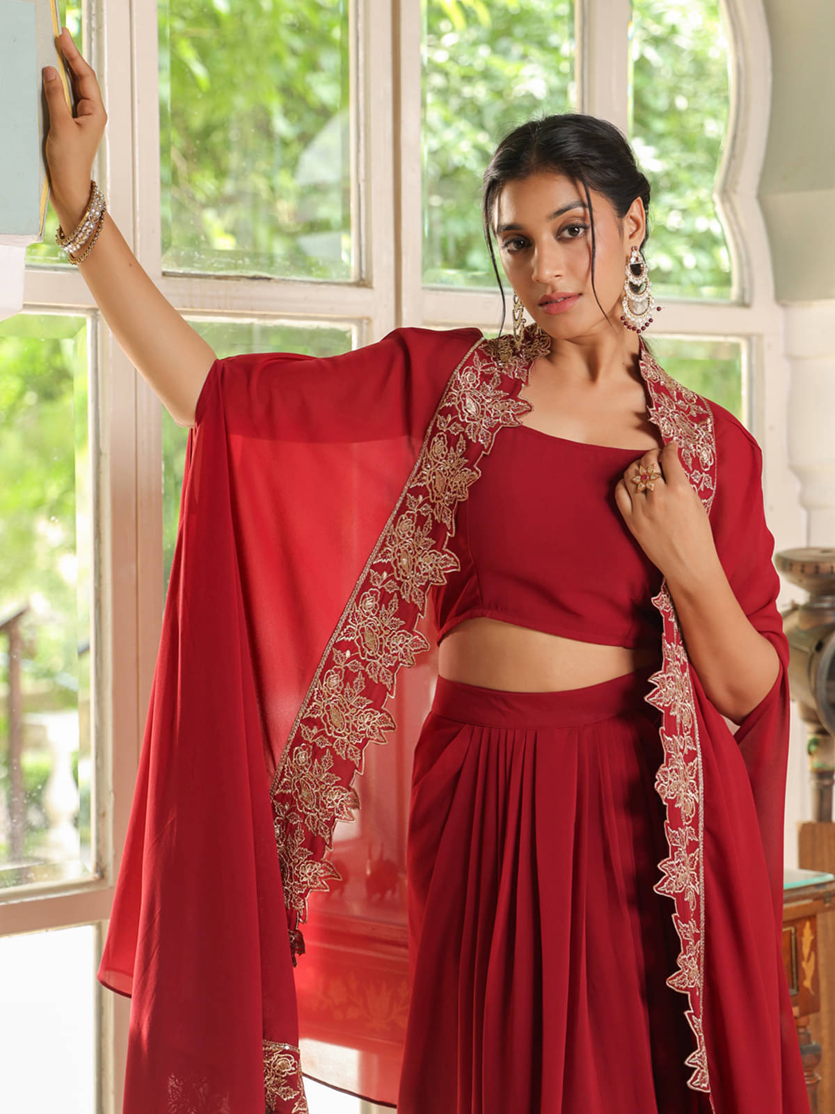 Janasya Women Georgette Solid Flared Kurti With Skirt ( Maroon ) Janasya Women Georgette Solid Flared Kurti With Skirt ( Maroon )