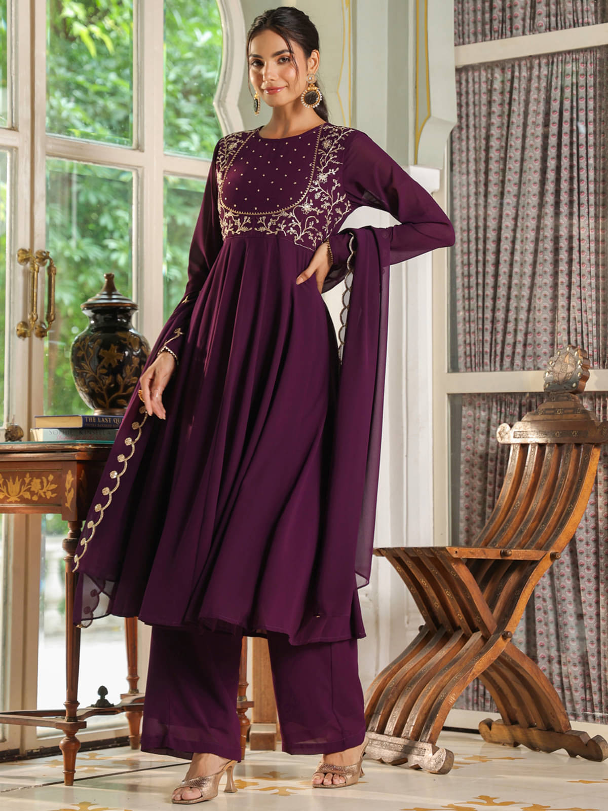 Janasya Georgette Solid Kurti With Palazzo Women's Stitched Salwar Suit - Purple ( Pack of 1 ) Janasya Georgette Solid Kurti With Palazzo Women's Stitched Salwar Suit - Purple ( Pack of 1 )