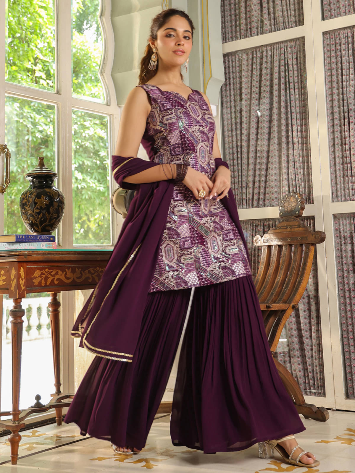     			Janasya Georgette Solid Kurti With Sharara And Gharara Women's Stitched Salwar Suit - Purple ( Pack of 1 )