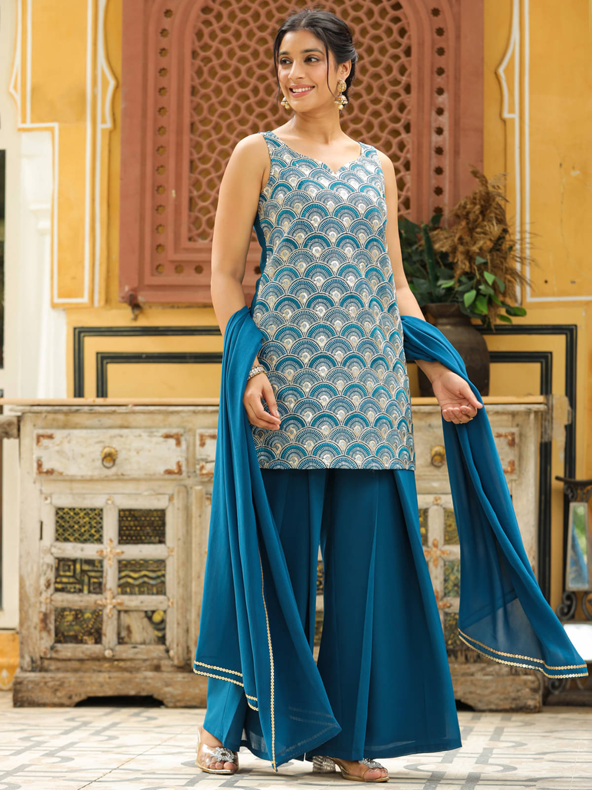     			Janasya Georgette Solid Kurti With Sharara And Gharara Women's Stitched Salwar Suit - Teal ( Pack of 1 )