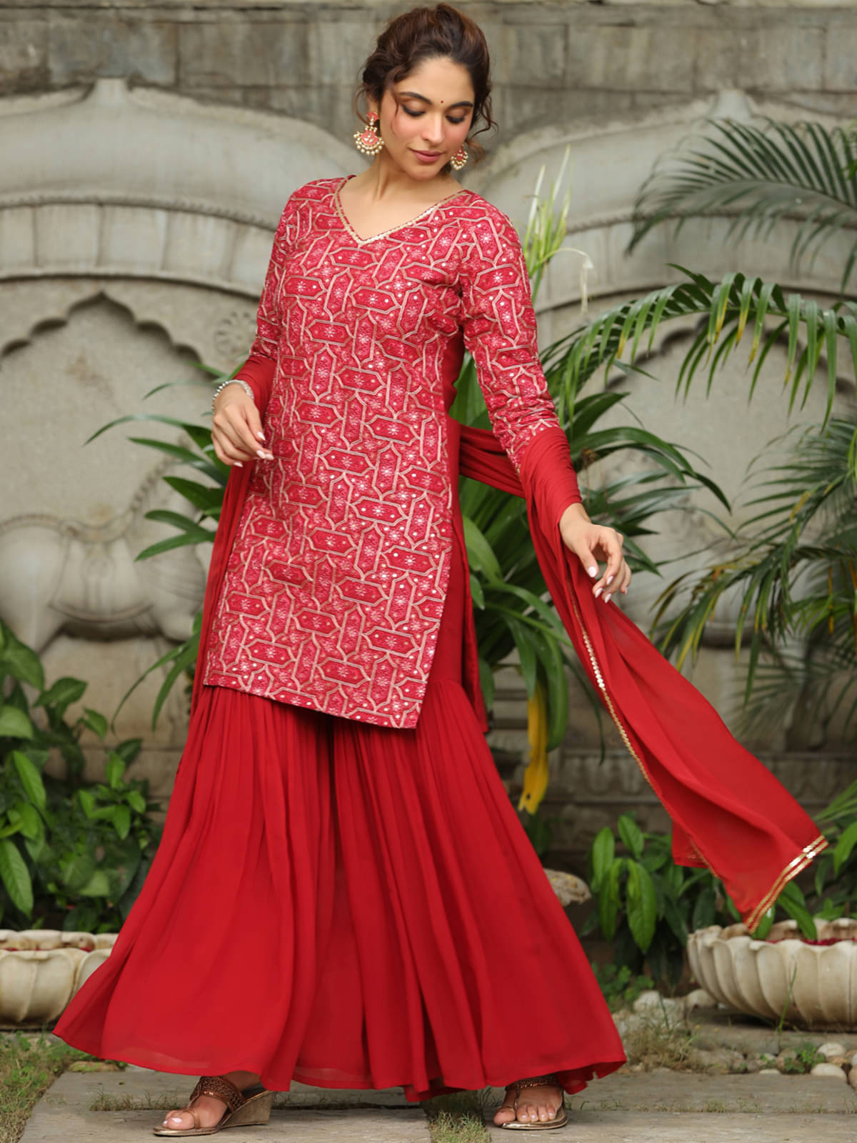     			Janasya Georgette Solid Kurti With Sharara And Gharara Women's Stitched Salwar Suit - Red ( Pack of 1 )