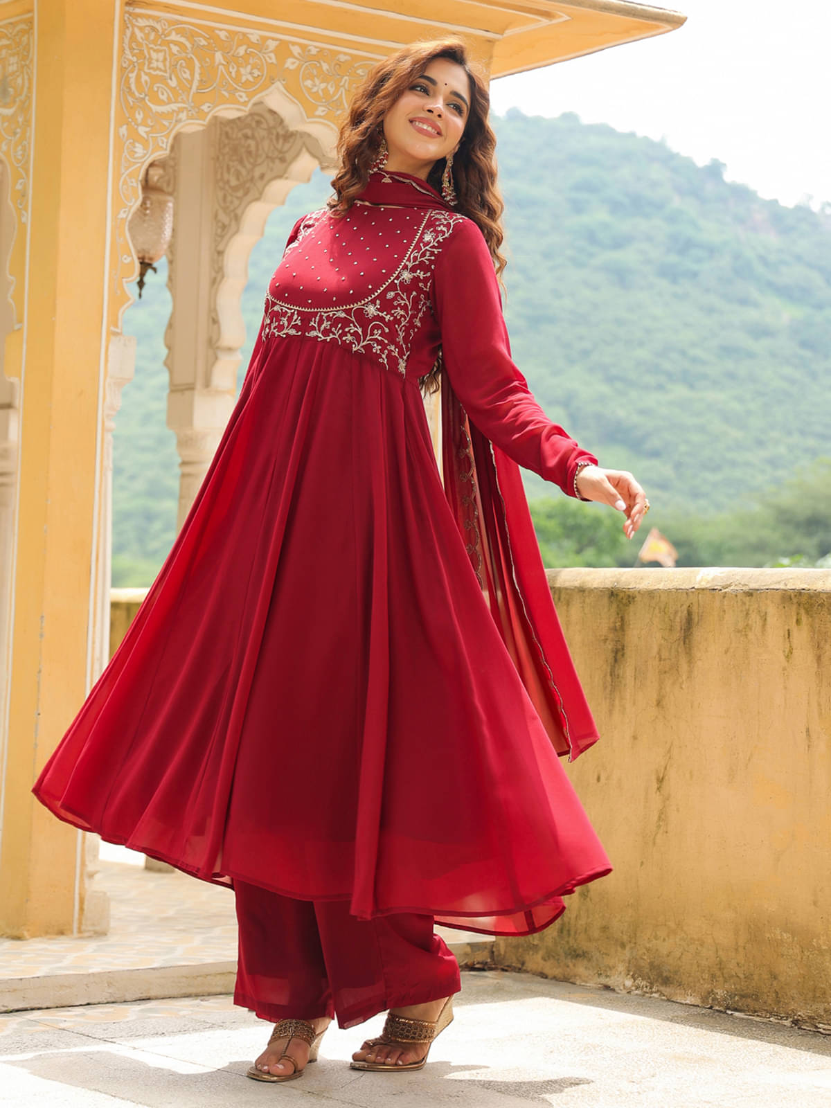     			Janasya Georgette Solid Kurti With Palazzo Women's Stitched Salwar Suit - Maroon ( Pack of 1 )