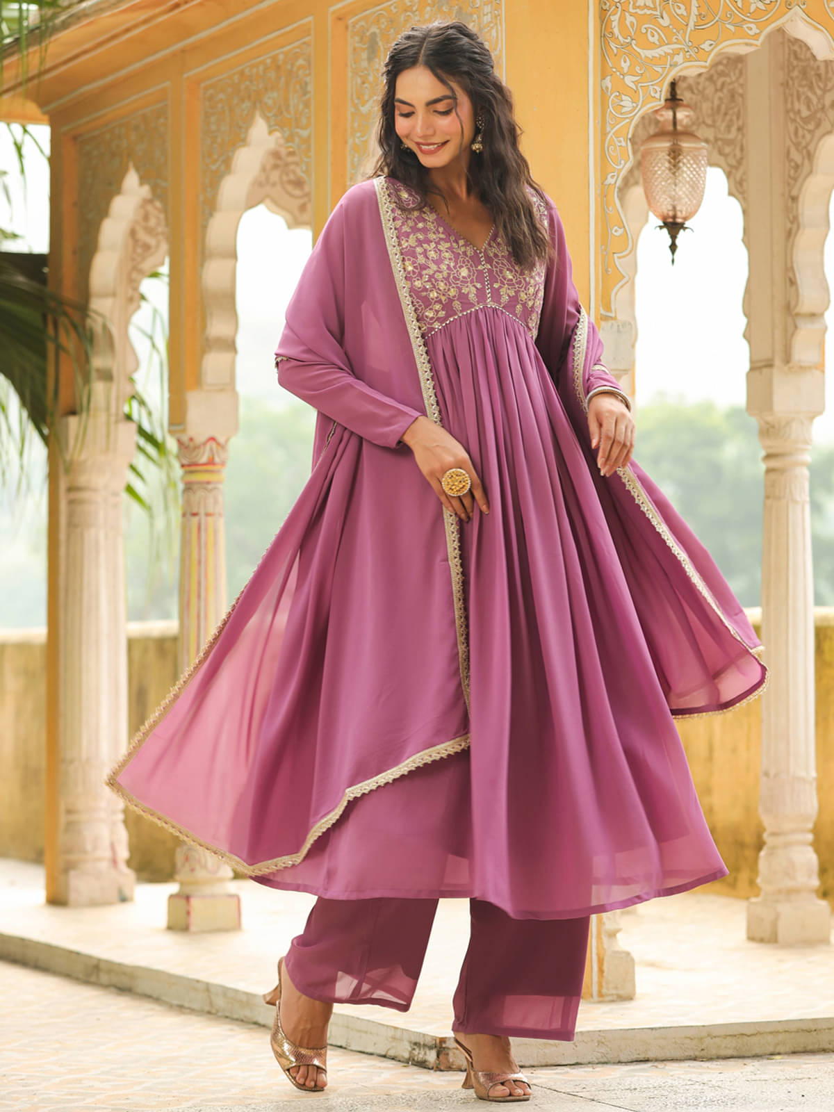 Janasya Georgette Solid Kurti With Palazzo Women's Stitched Salwar Suit - Lavender ( Pack of 1 ) Janasya Georgette Solid Kurti With Palazzo Women's Stitched Salwar Suit - Lavender ( Pack of 1 )