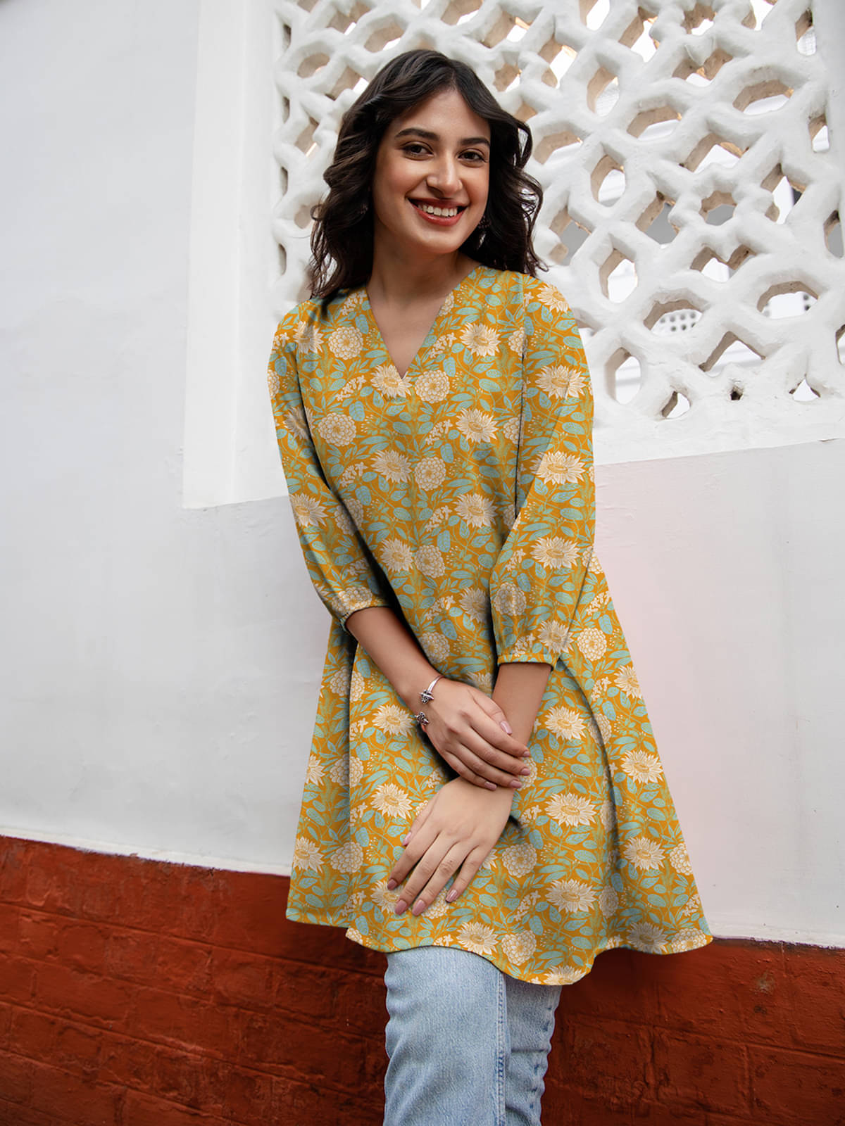 Janasya Women's Georgette Tunic ( Mustard ) Janasya Women's Georgette Tunic ( Mustard )