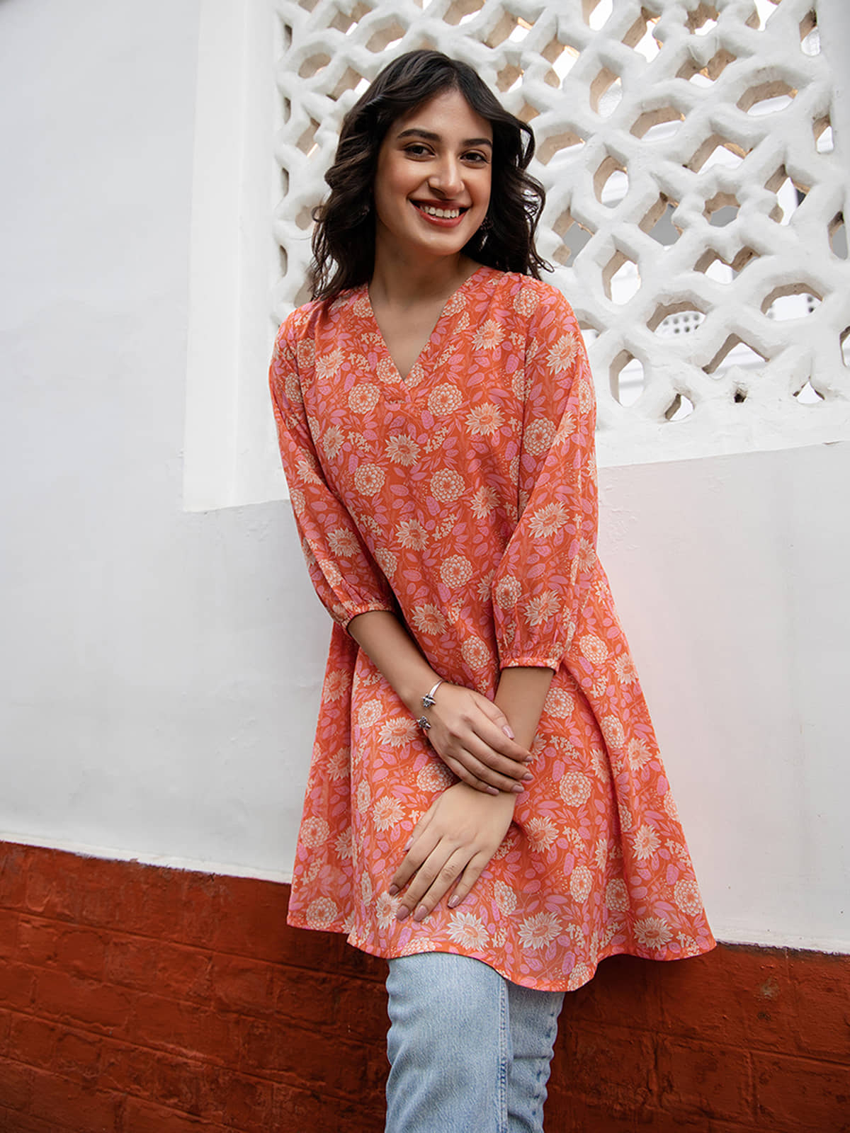 Janasya Women's Georgette Tunic ( Orange )