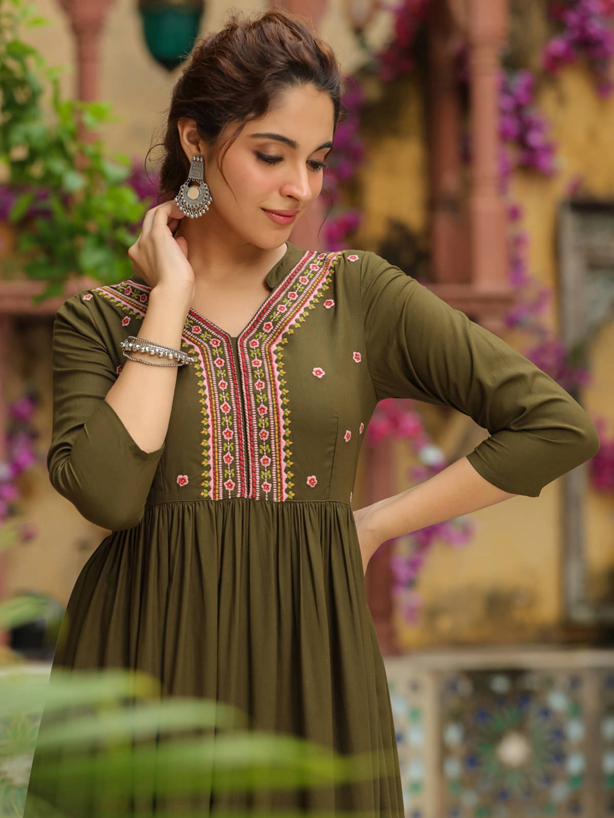     			Janasya Rayon Solid Kurti With Palazzo Women's Stitched Salwar Suit - Olive ( Pack of 1 )