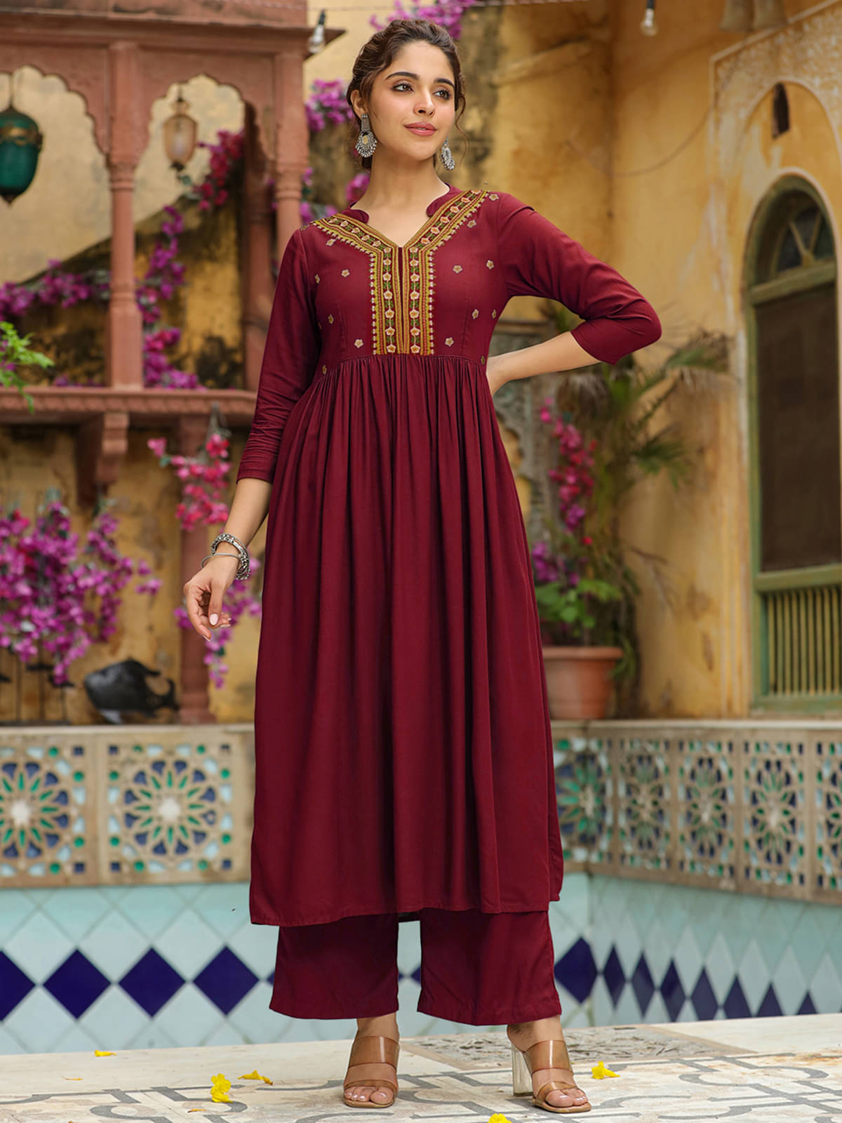 Janasya Rayon Solid Kurti With Palazzo Women's Stitched Salwar Suit - Maroon ( Pack of 1 ) Janasya Rayon Solid Kurti With Palazzo Women's Stitched Salwar Suit - Maroon ( Pack of 1 )