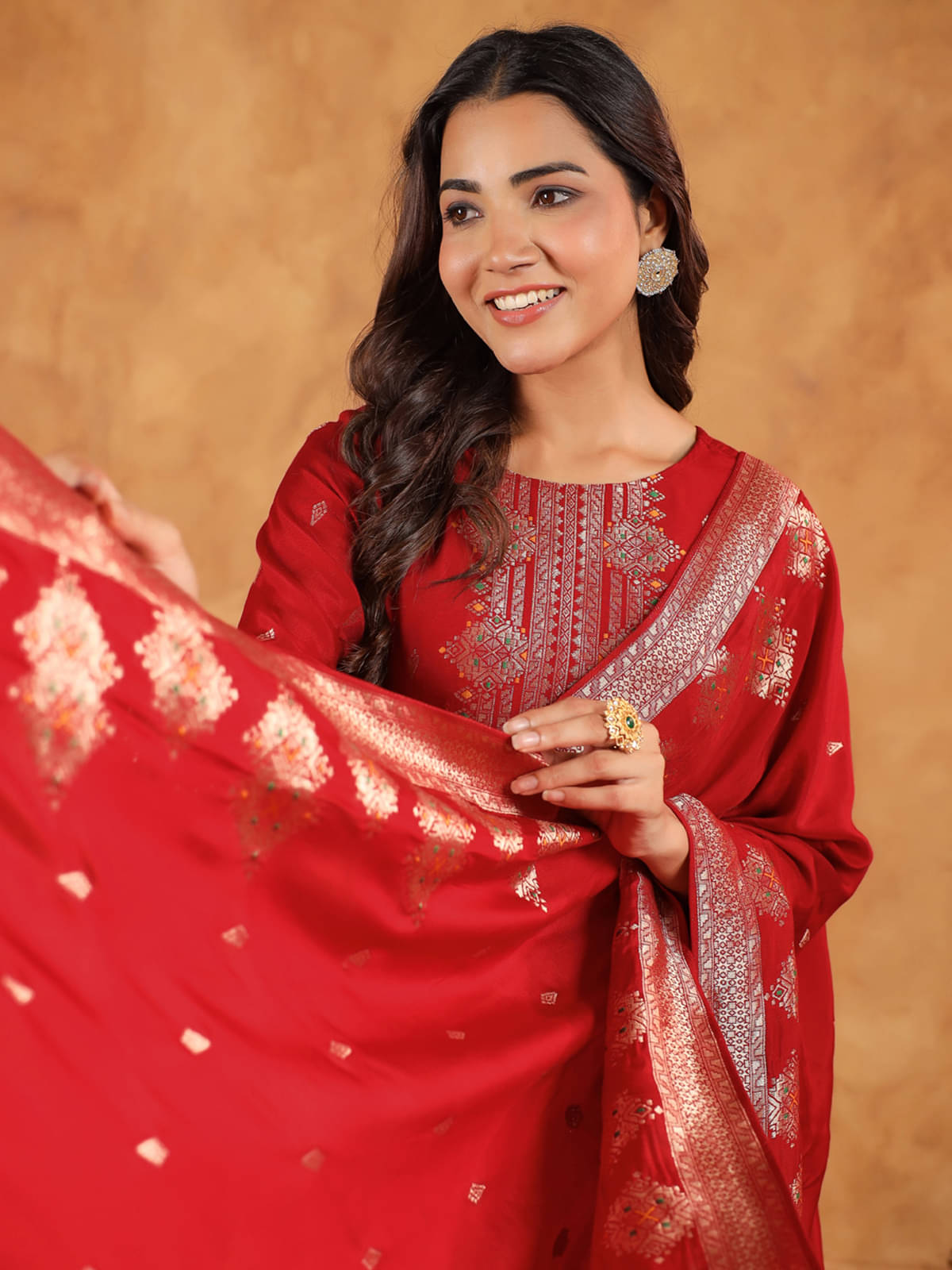     			Janasya Silk Blend Self Design Kurti With Pants Women's Stitched Salwar Suit - Maroon ( Pack of 1 )