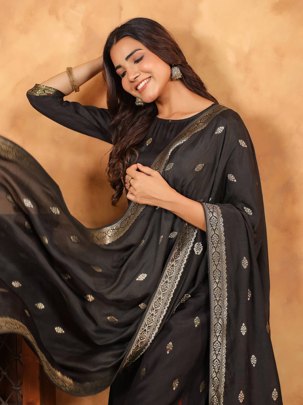     			Janasya Silk Blend Self Design Kurti With Pants Women's Stitched Salwar Suit - Black ( Pack of 1 )