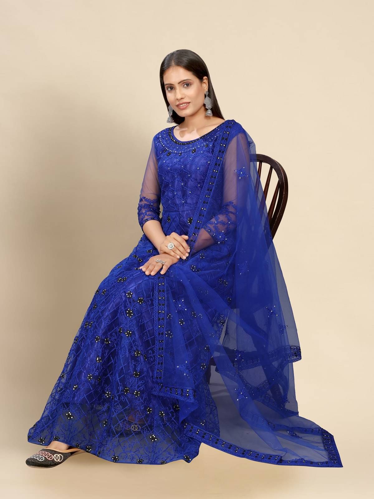     			KV Fashion Blue Flared Net Women's Semi Stitched Ethnic Gown ( Pack of 1 )