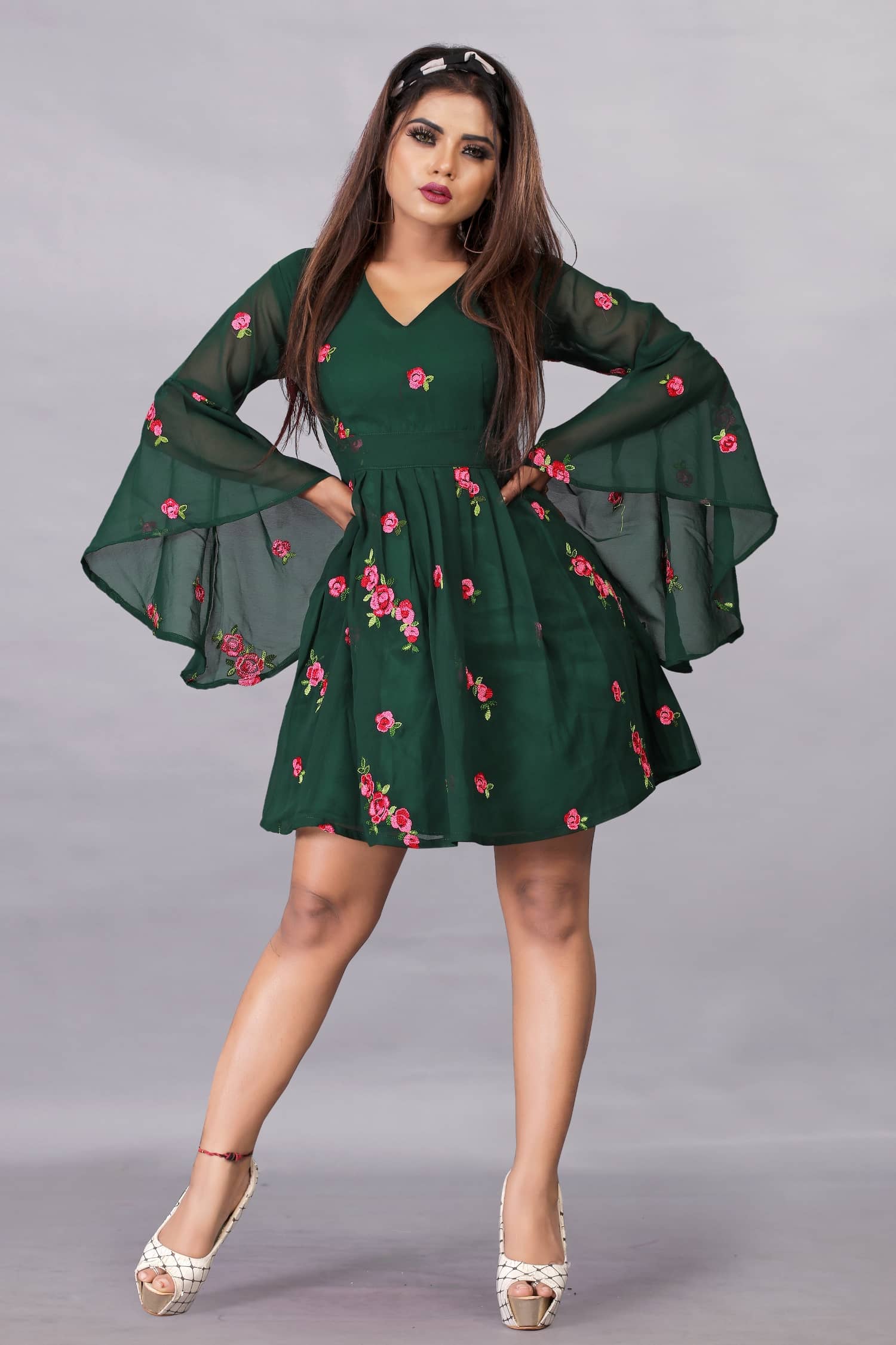 KV Fashion Women Georgette Printed Fit & Flare Dress ( Green )