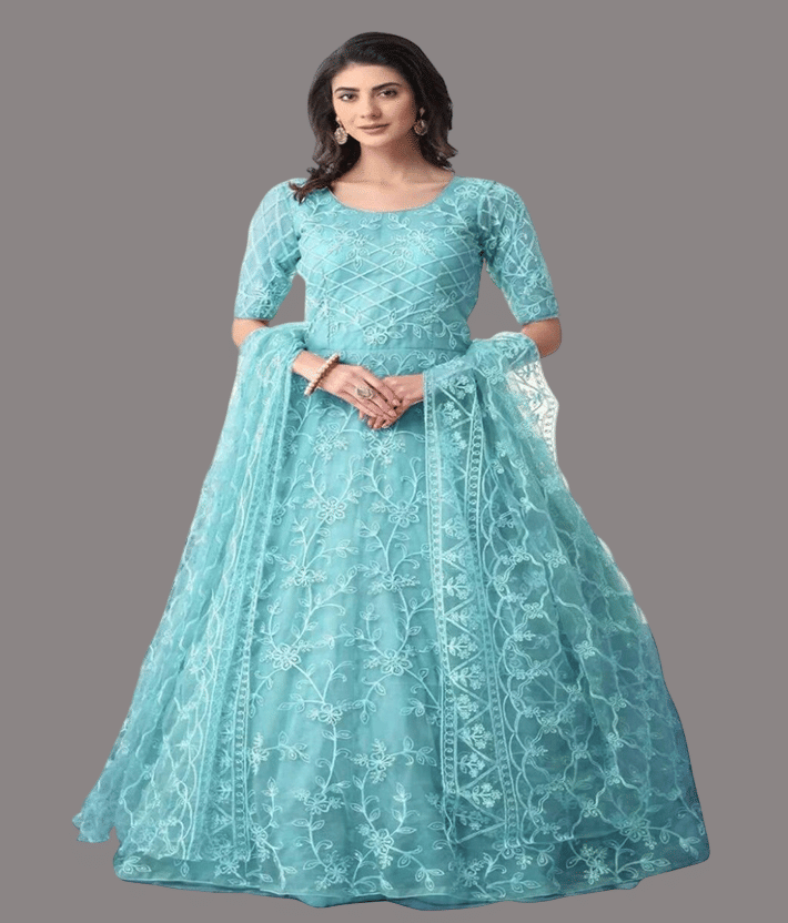 KV Fashion Light Blue Flared Net Women's Semi Stitched Ethnic Gown ( Pack of 1 ) - Unstitched Fabrics | Buy online on ZillyBuy