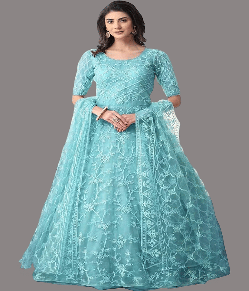 KV Fashion Light Blue Flared Net Women's Semi Stitched Ethnic Gown ( Pack of 1 ) - Unstitched Fabrics | Buy online on ZillyBuy