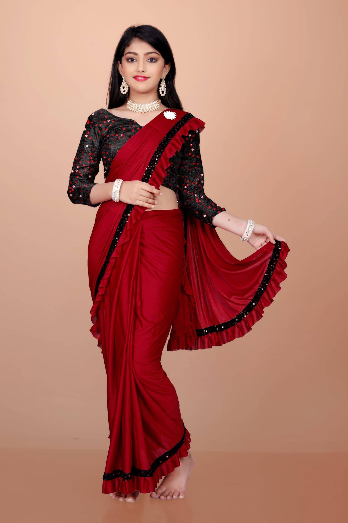 KV Fashion Lycra Ready To Wear Saree For Baby Girls ( Maroon , Pack of 1 )
