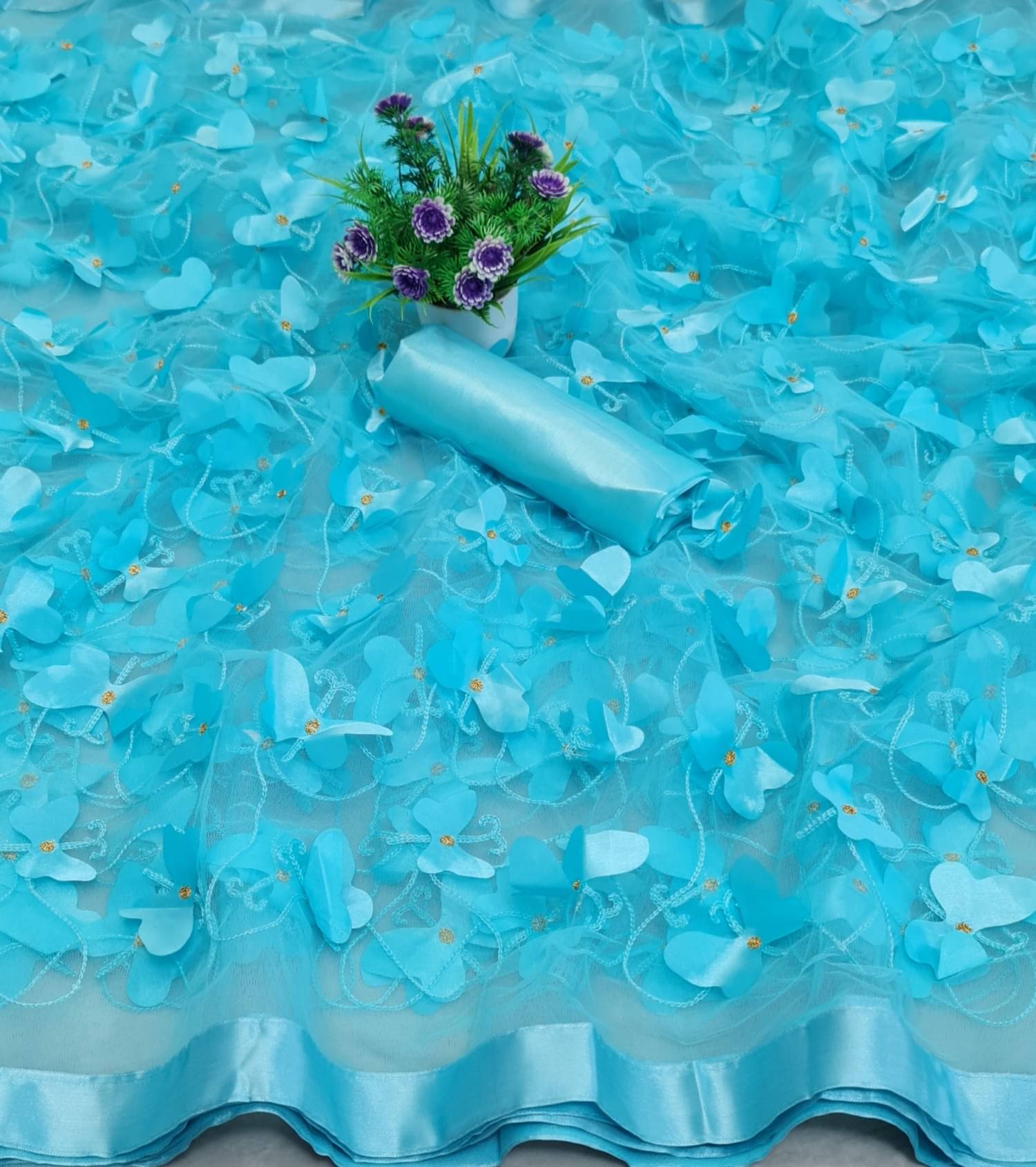 KV Fashion Net Embellished Saree With Unstitched Blouse Piece ( SkyBlue )     			KV Fashion Net Embellished Saree With Unstitched Blouse Piece ( SkyBlue )