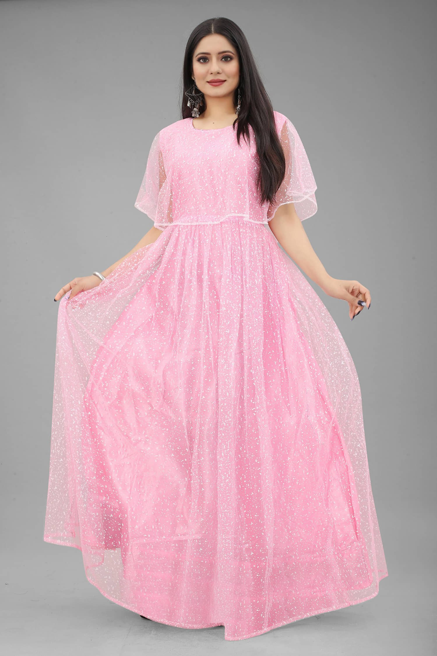 KV Fashion Pink Flared Net Women's Semi Stitched Ethnic Gown ( Pack of 1 ) - Unstitched Fabrics | Buy online on ZillyBuy