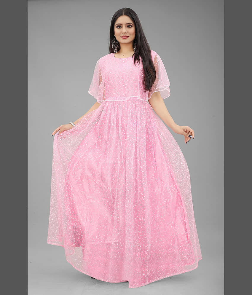 KV Fashion Pink Flared Net Women's Semi Stitched Ethnic Gown ( Pack of 1 ) - Unstitched Fabrics | Buy online on ZillyBuy