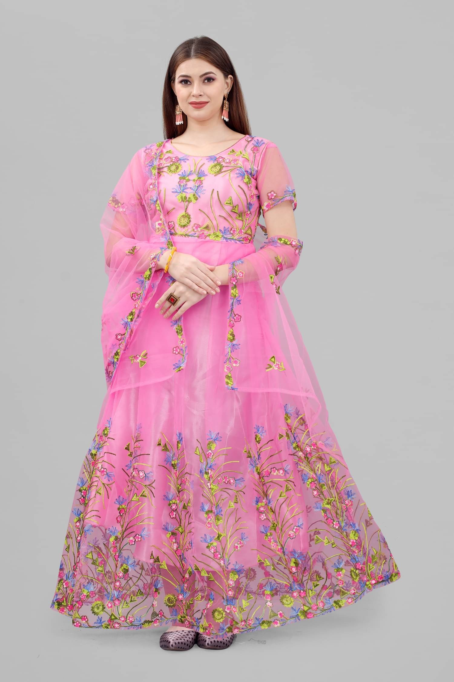 KV Fashion Pink Flared Net Women's Semi Stitched Ethnic Gown ( Pack of 1 ) KV Fashion Pink Flared Net Women's Semi Stitched Ethnic Gown ( Pack of 1 )
