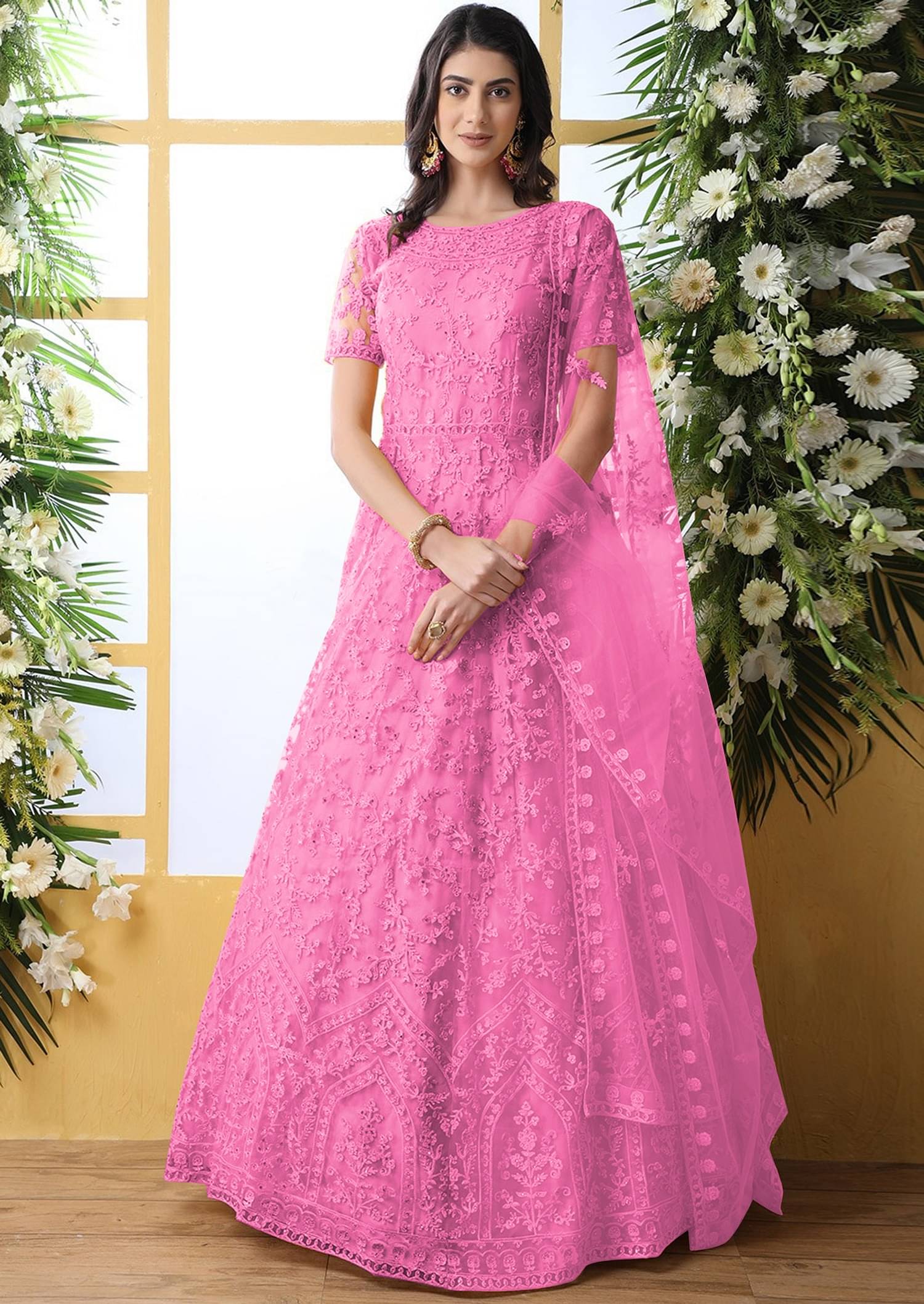 KV Fashion Pink Flared Net Women's Semi Stitched Ethnic Gown ( Pack of 1 ) KV Fashion Pink Flared Net Women's Semi Stitched Ethnic Gown ( Pack of 1 )