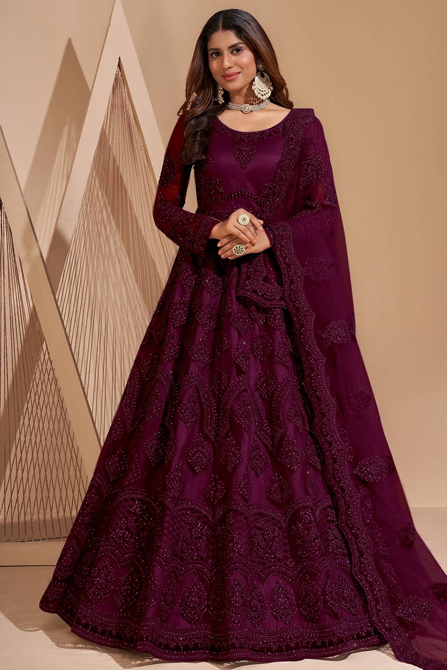 KV Fashion Purple Flared Net Women's Semi Stitched Ethnic Gown ( Pack of 1 ) KV Fashion Purple Flared Net Women's Semi Stitched Ethnic Gown ( Pack of 1 )