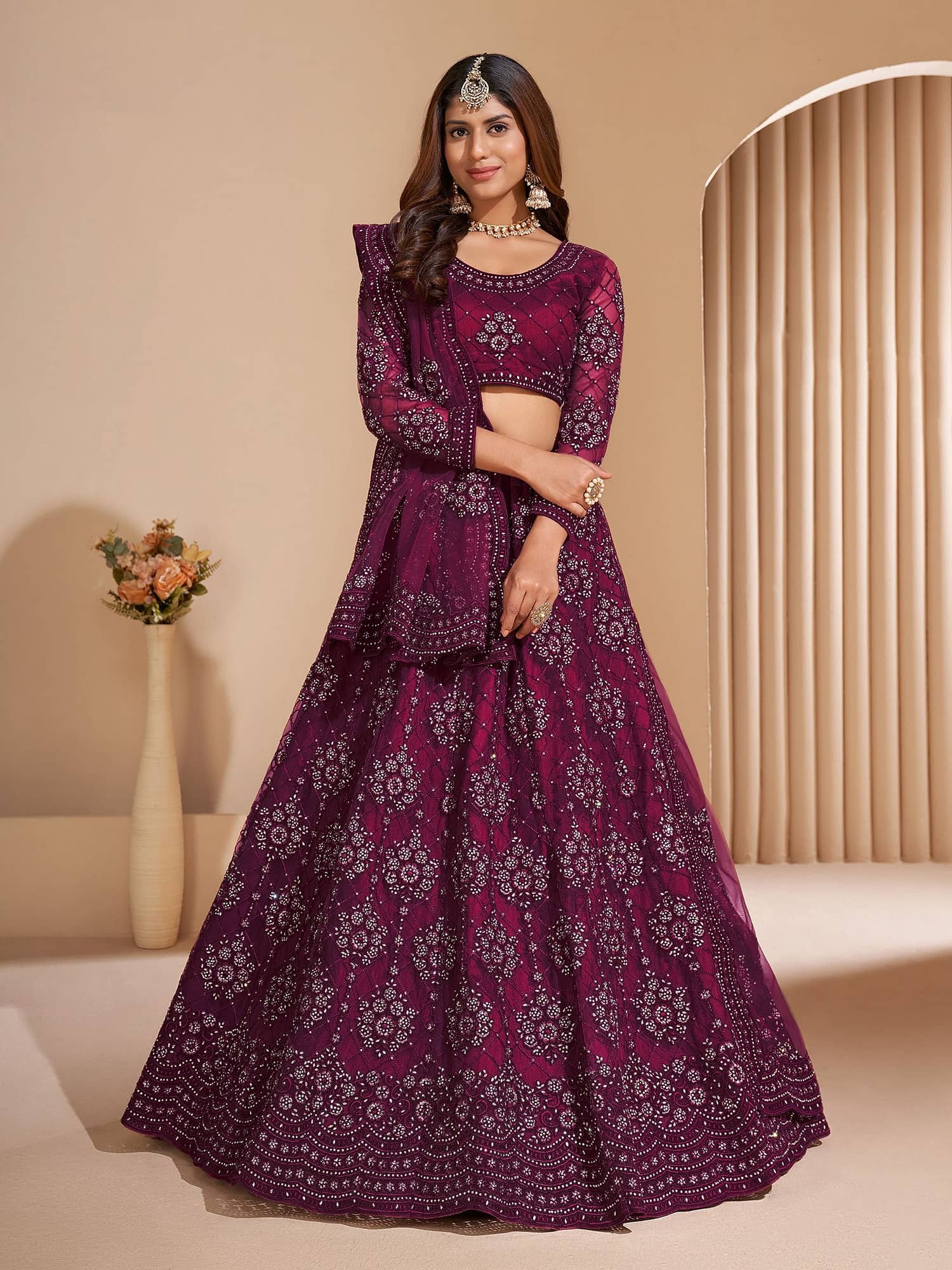 KV Fashion Purple Net Chaniya Choli Semi Stitched Lehenga Single