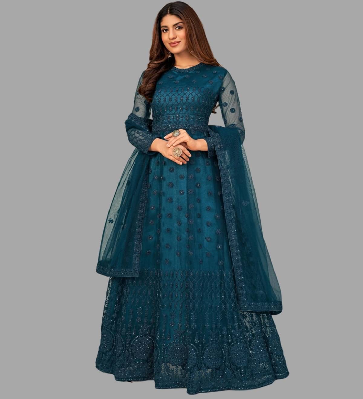 KV Fashion Teal Flared Net Women's Semi Stitched Ethnic Gown ( Pack of 1 ) KV Fashion Teal Flared Net Women's Semi Stitched Ethnic Gown ( Pack of 1 )