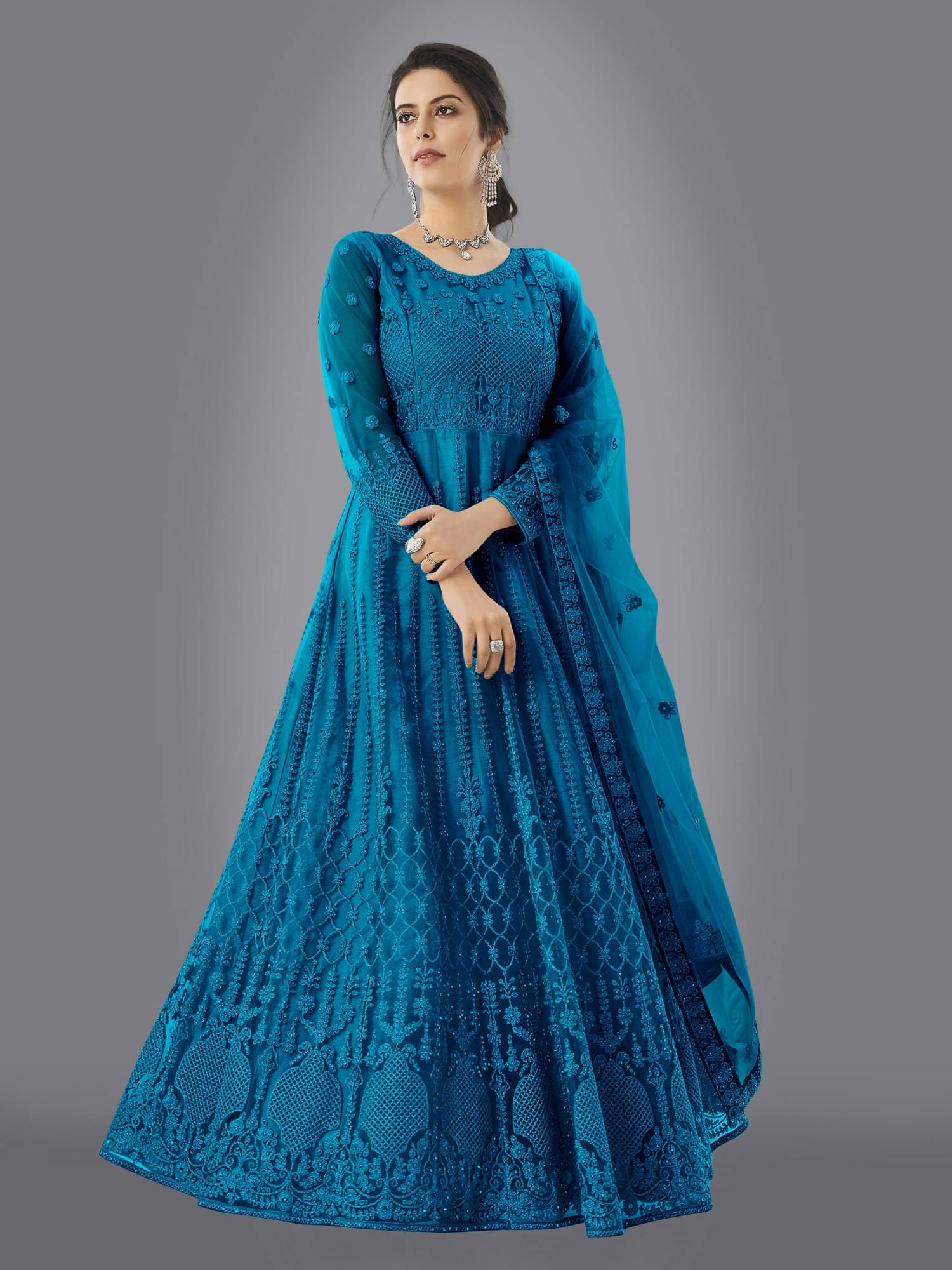 KV Fashion Teal Flared Net Women's Semi Stitched Ethnic Gown ( Pack of 1 )     			KV Fashion Teal Flared Net Women's Semi Stitched Ethnic Gown ( Pack of 1 )