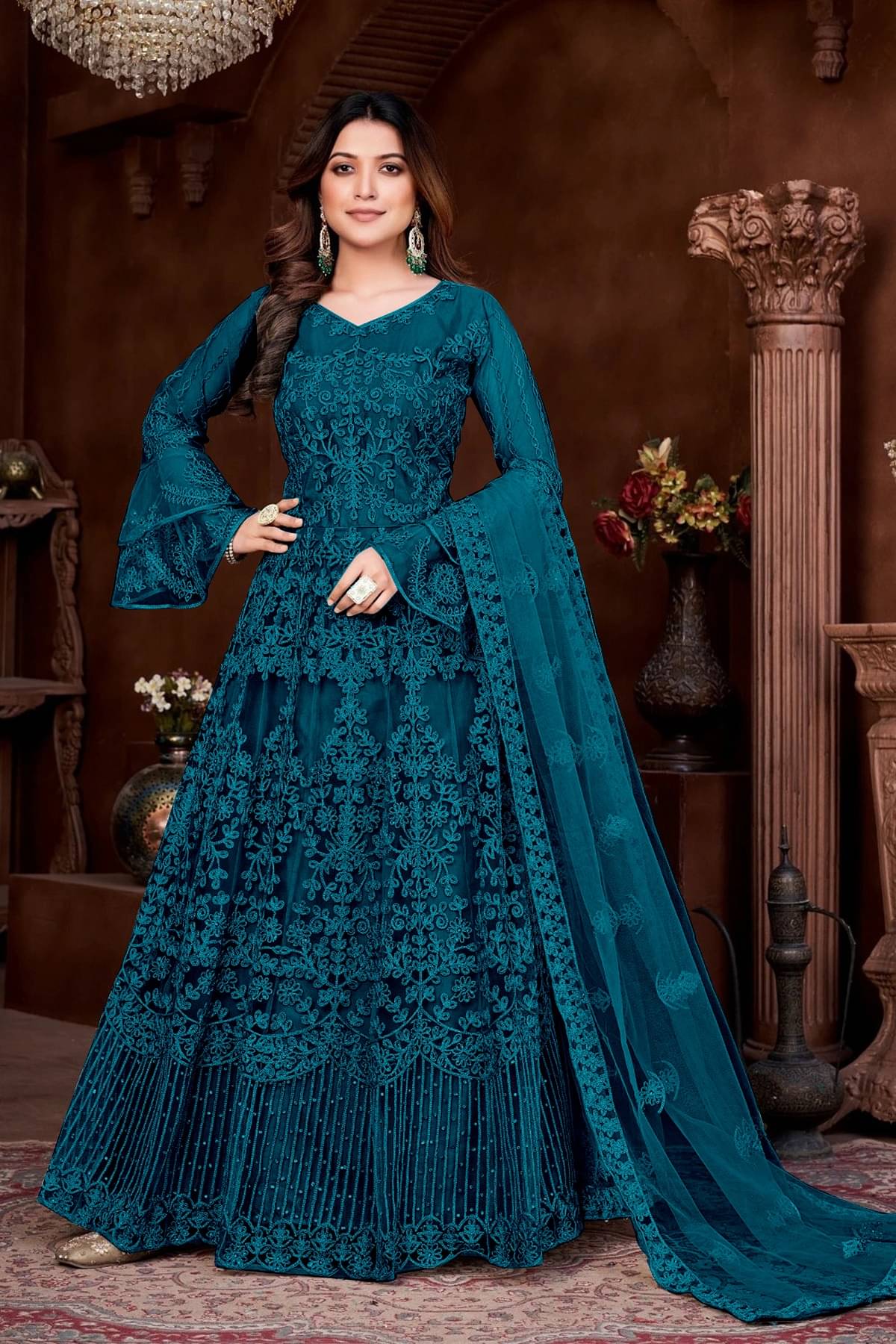 KV Fashion Teal Flared Net Women's Semi Stitched Ethnic Gown ( Pack of 1 ) KV Fashion Teal Flared Net Women's Semi Stitched Ethnic Gown ( Pack of 1 )