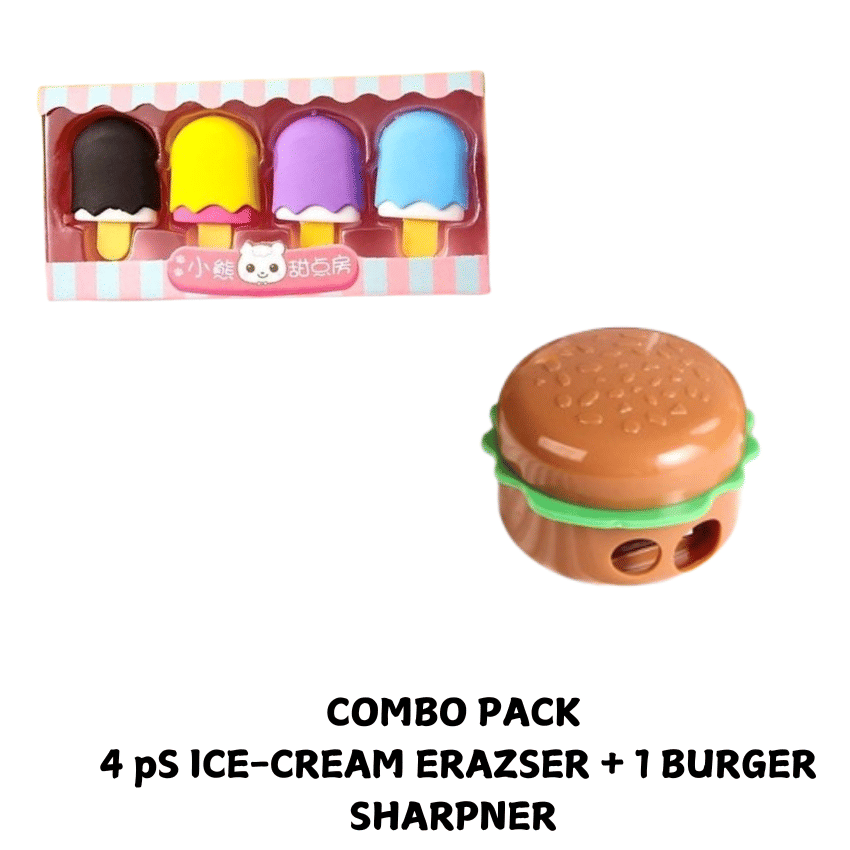     			Kalra Magic  4 Pcs  Softy Shape Ice-Cream Erasers + 1 Burger Sharpener | Cute & Fun Stationery Set