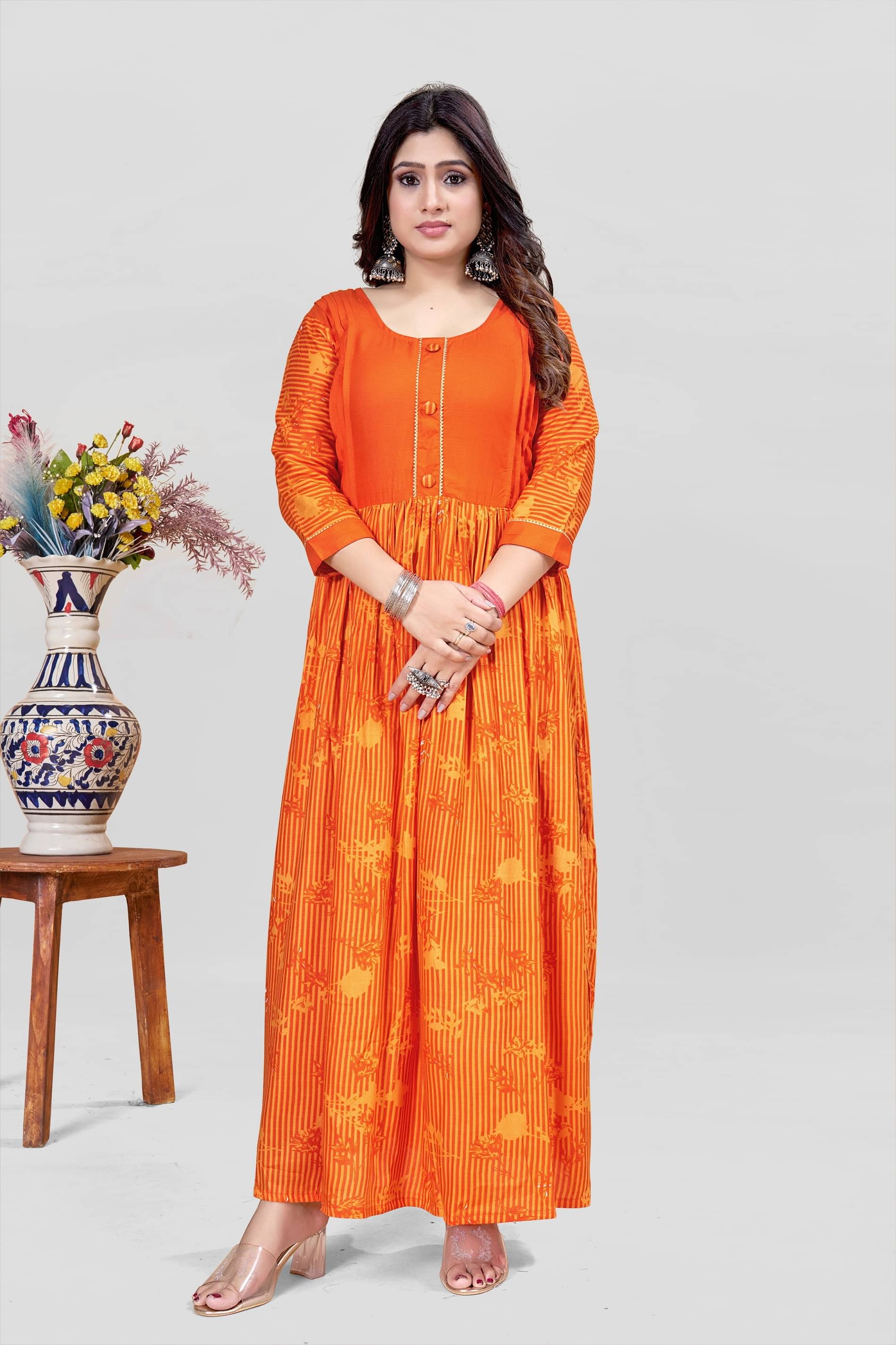     			MEESORRA Pack of 1 Rayon Printed Anarkali Women's Kurti - ( Orange )